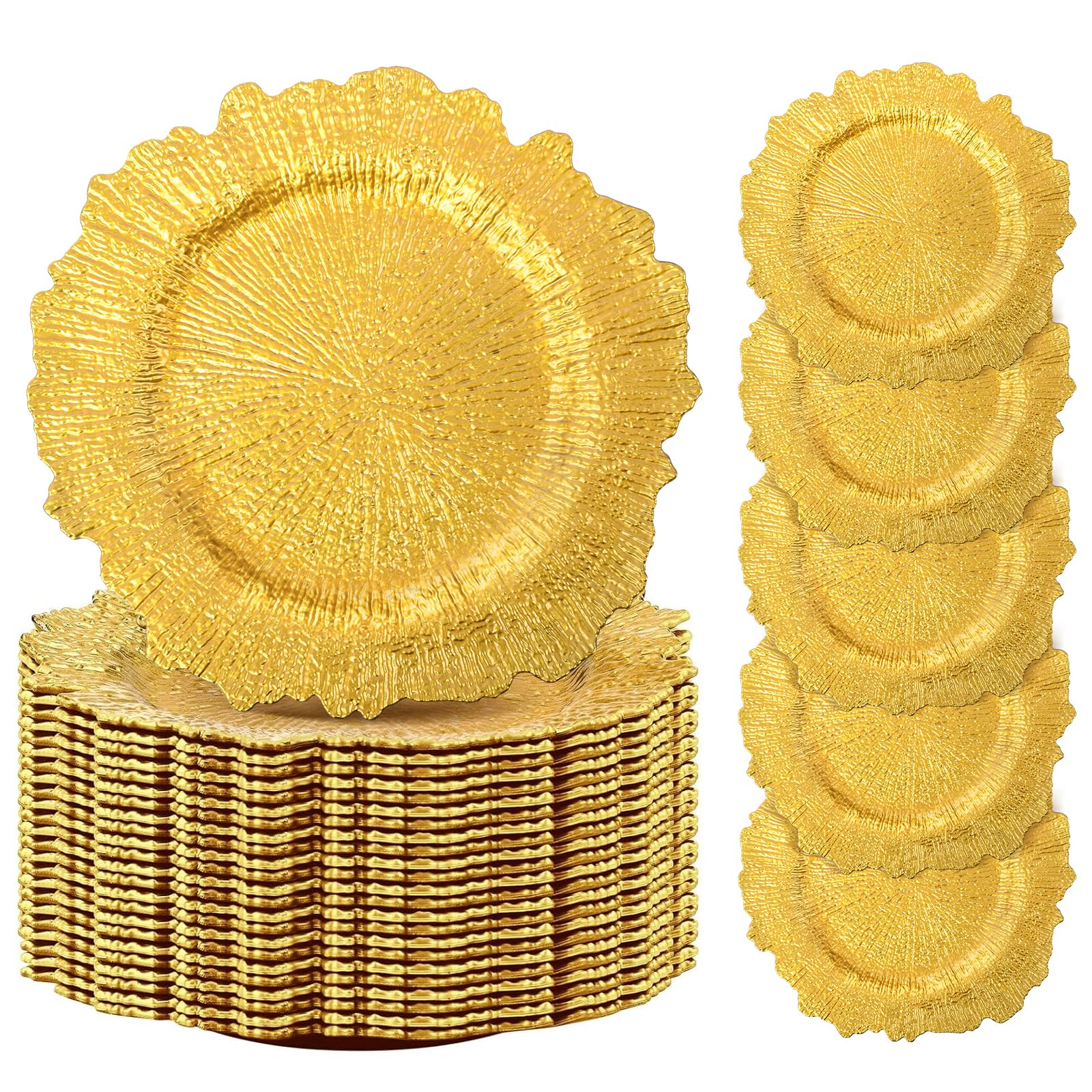 50 Pcs Gold Plastic Charger Plates 12.6 Inch - Floral Reef Design with Ruffled Rim for Dinner Plates, Christmas, Thanksgiving, Wedding & Party Events - Elegant Table Setting for Holiday Dining & Special Occasions