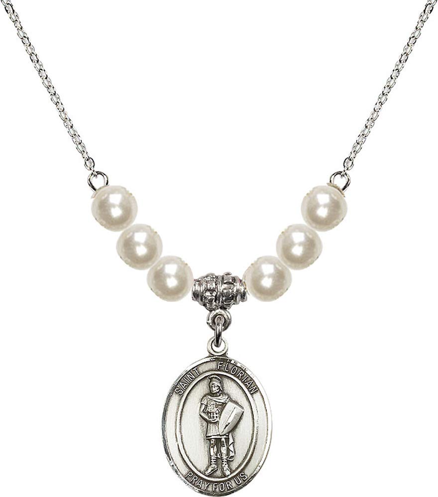 18-Inch Rhodium Plated Necklace with 6mm Faux-Pearl Beads & Saint Florian Charm - Patron Saint of Firefighters | Perfect Gift for Firefighters, First Responders & Catholic Jewelry Lovers