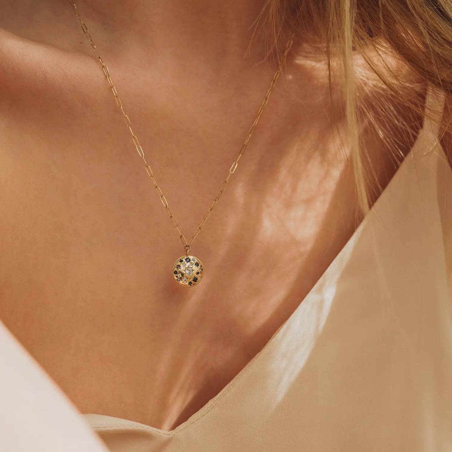 14K Yellow Gold Tie Dye Moonchild Medallion Necklace with Blue Sapphire – 20 Inch Boho Chic Jewelry for Women, Perfect for Festivals, Beach Parties & Layered Necklace Styling