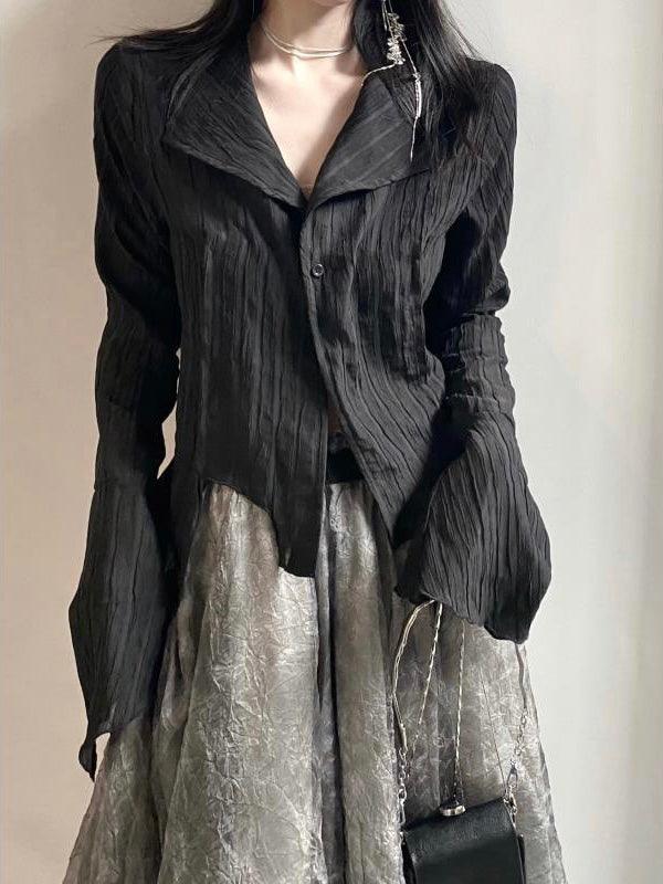 Lovevop Black Cool Irregular Shirt for Men - Trendy Asymmetrical Casual Button Up Top for Streetwear & Night Out Fashion
