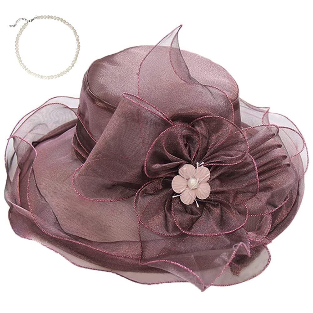 Elegant Women's Tea Party Hats - Wide Brim Sun Hat with Necklace & Fascinator for Church, Garden Parties & Summer Events | Stylish Accessories for Outdoor Weddings & Social Gatherings