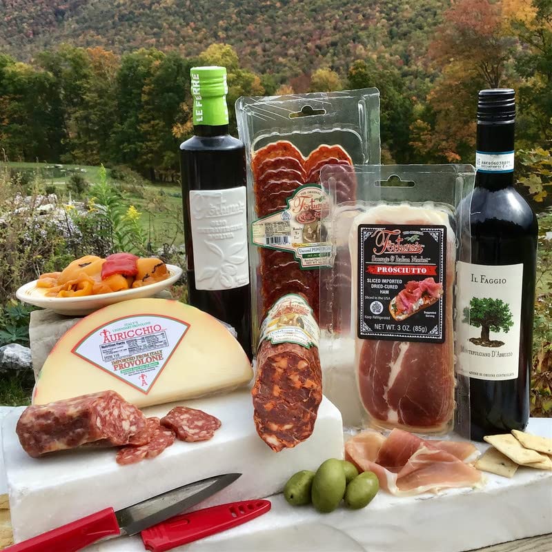 Fortuna's Antipasto Gift Box - Premium Italian Charcuterie with Spianata Calabrese Salami, Sopressata, Prosciutto, Provolone, Artisan Crackers & Gourmet Olives - Perfect for Holiday Gifts, Party Platters & Charcuterie Boards - 10-12 oz & 8-10 oz Meat Sizes, Chargrilled & Roasted Peppers