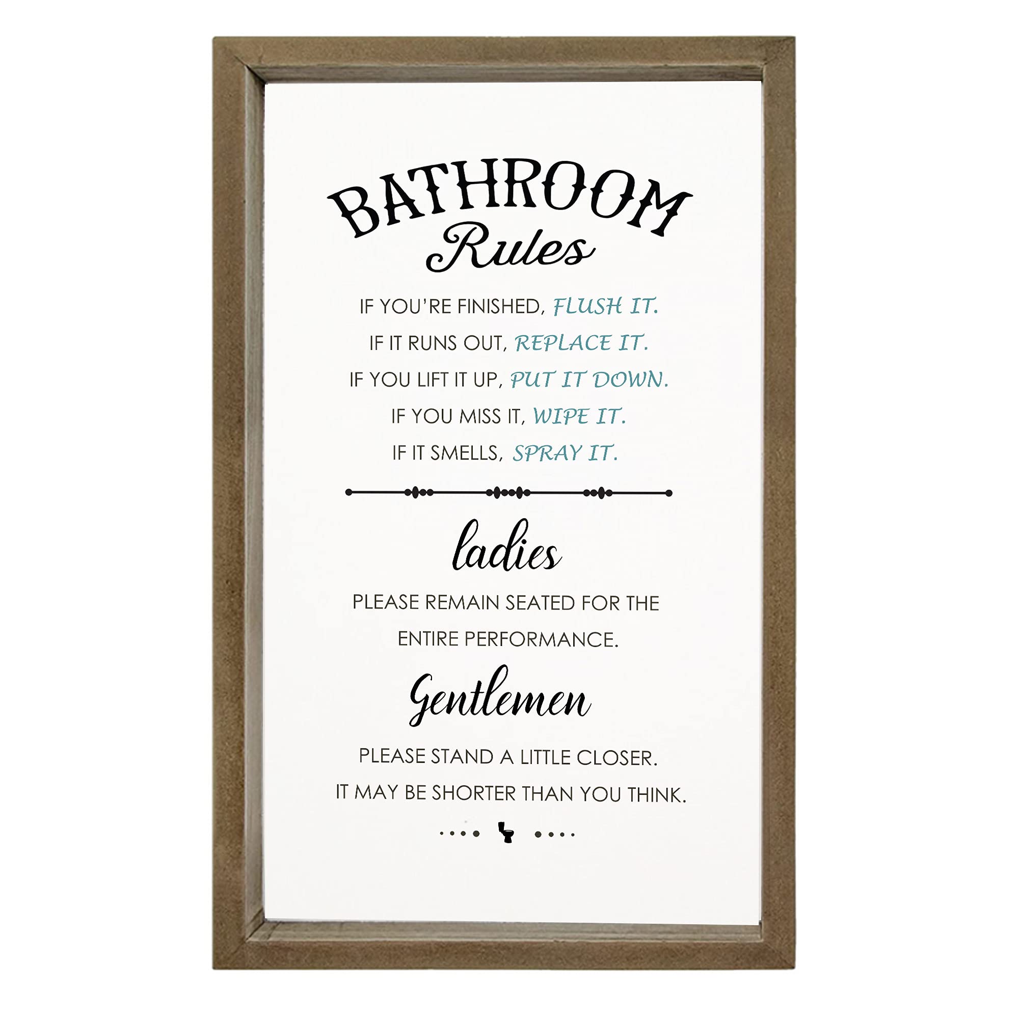 Cocomong Funny Bathroom Rules Wall Art - Modern Rustic Farmhouse Style Decor for Kids & Guest Bathroom - 16x9.5 Inch Vertical Sign - Perfect for Powder Rooms, Restrooms & Home Decor