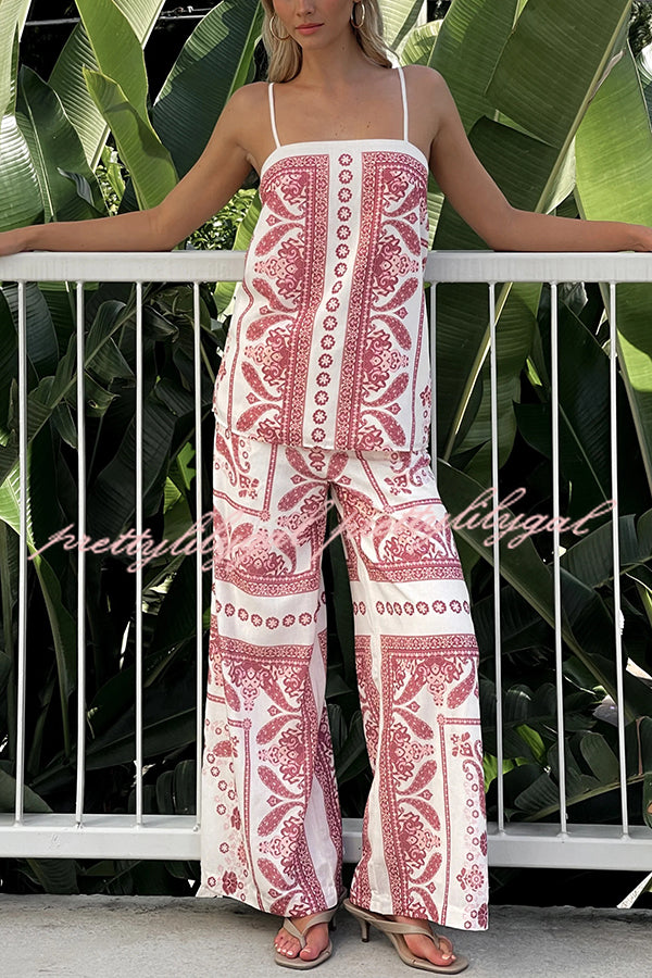Stylish Printed Loose Casual Tank Top with Elastic Waist Wide Leg Pants Set - Women's Summer Outfit for Beach, Travel & Daily Wear