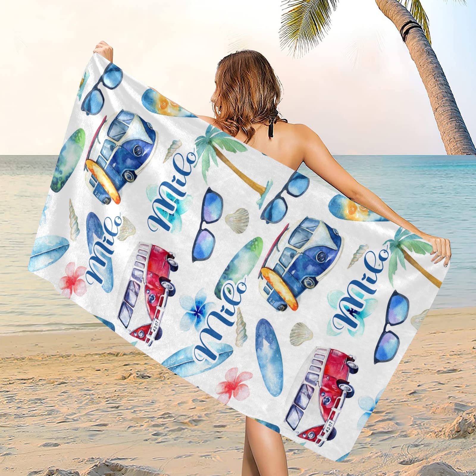 Custom Personalized Beach Towels with Names - Vintage Island Car Surf Design - 60