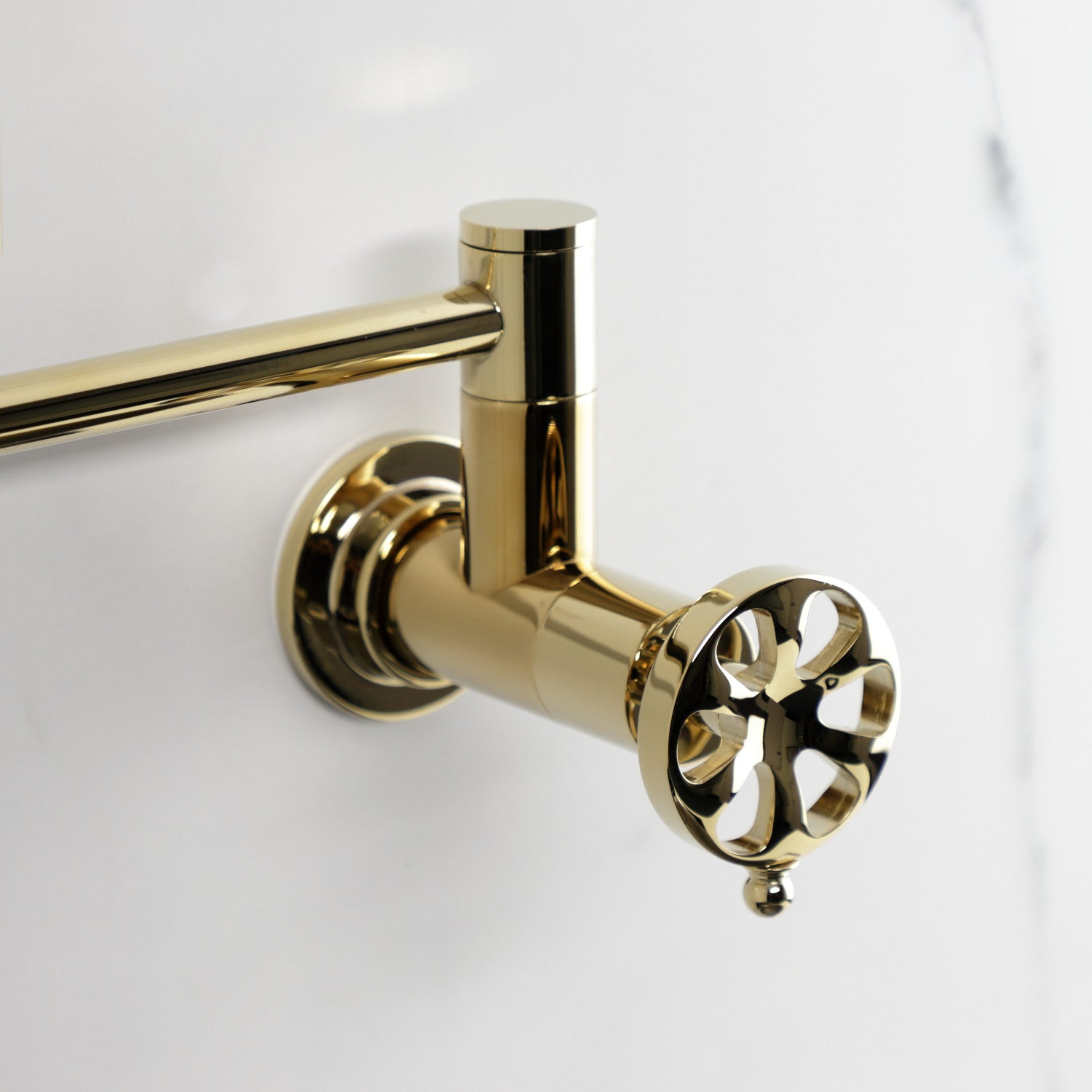 Belknap KS8102RX Two Handle Wall Mount Pot Filler Faucet - Polished Brass Finish - Ideal for Kitchen, Sink, and Stove Area - Perfect for Filling Large Pots and Pans