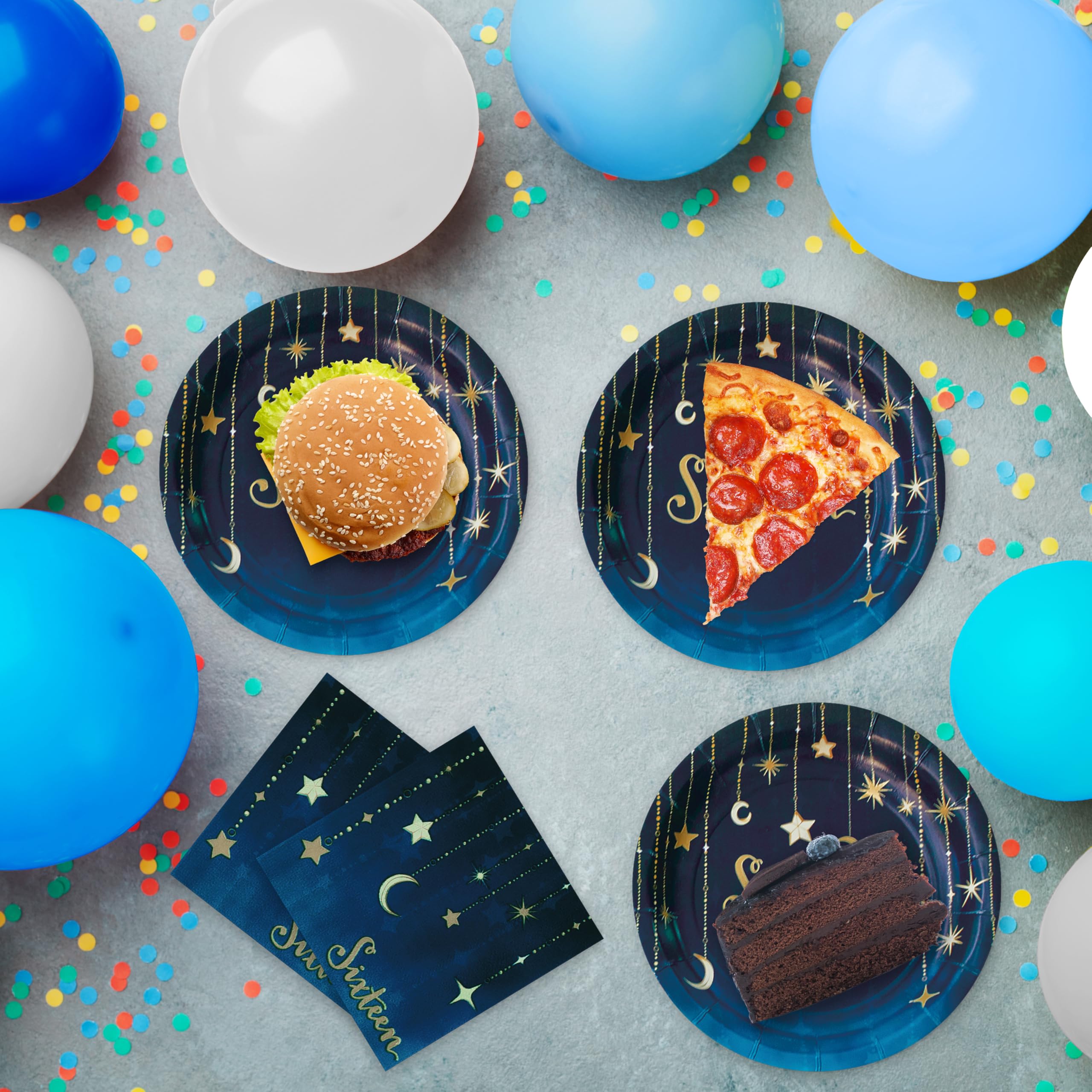Havercamp Sweet 16 Birthday Party Supplies Set - 16 Printed Plates & Beverage Napkins with Gold Starry Night Design - Perfect for Teen Birthday Celebrations, Quinceañeras & Special Occasions
