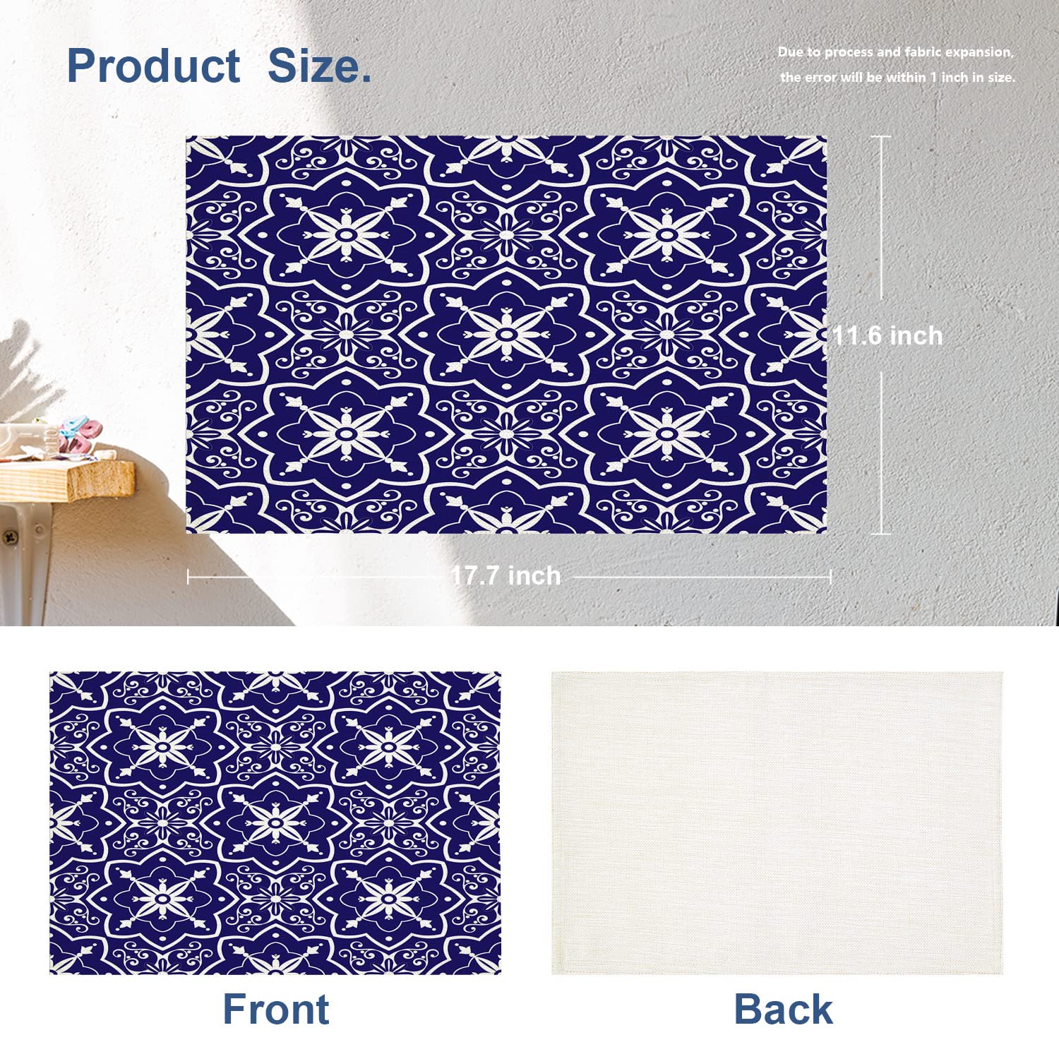 Batmerry Blue & White Floral Placemats - Set of 4 Woven Burlap Table Mats with Mexican Fabric Texture | Modern Farmhouse Decor for Dining Table, Kitchen, Round Tables, Weddings | Indoor & Outdoor Use