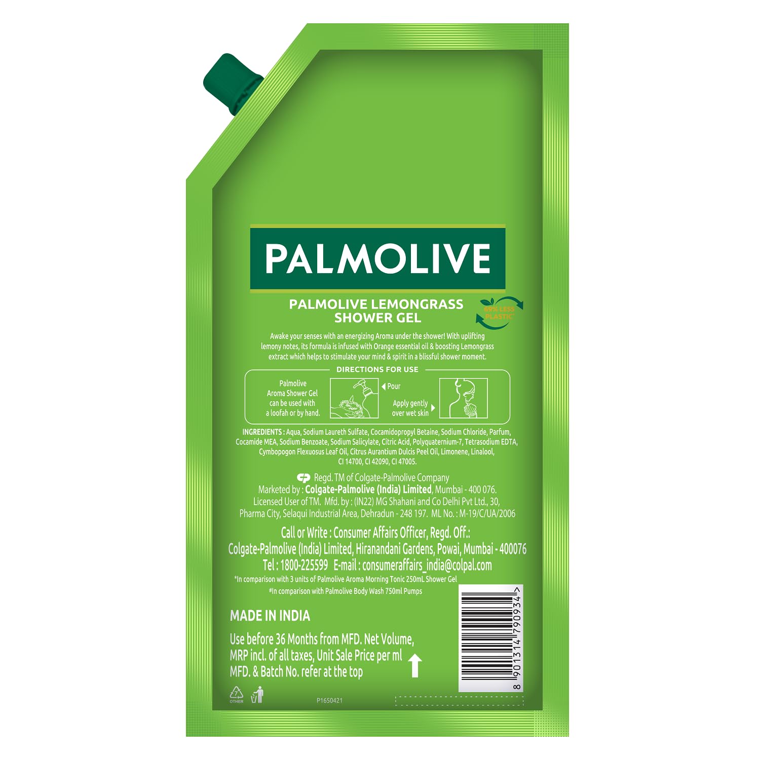 Palmolive Aroma Morning Boost Body Wash for Women & Men - 750ml Shower Gel Refill Pack with 100% Natural Citrus Essential Oil & Lemongrass Extracts | pH Balanced, Paraben & Silicone Free | Energizing Morning Shower for Soft, Smooth Skin | Perfect for Daily Use at Home, Gym, or Travel