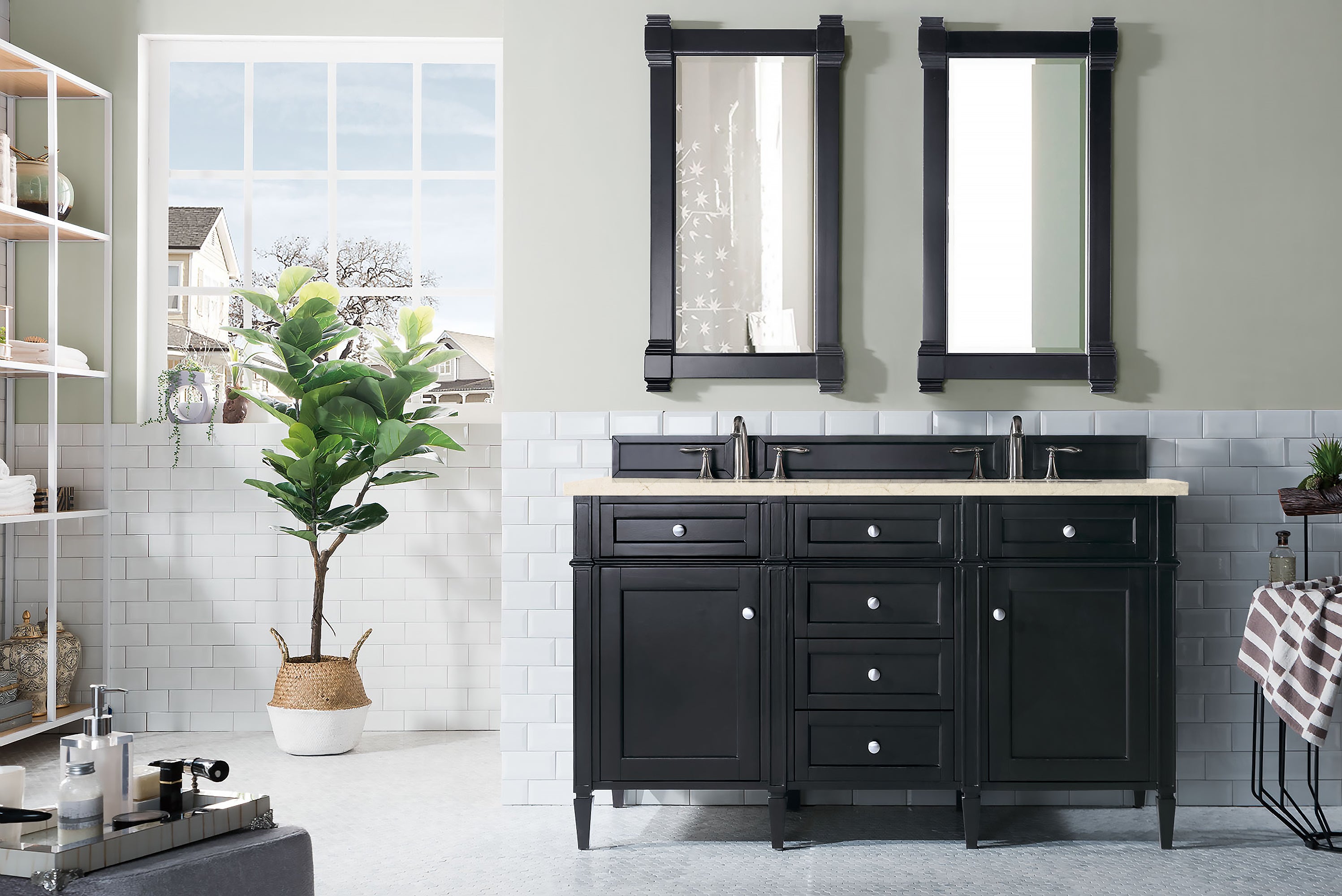 Brittany 60 Inch Black Onyx Double Vanity with 3CM Eternal Marfil Quartz Countertop - Perfect for Master Bathroom Renovation & Luxury Home Upgrade