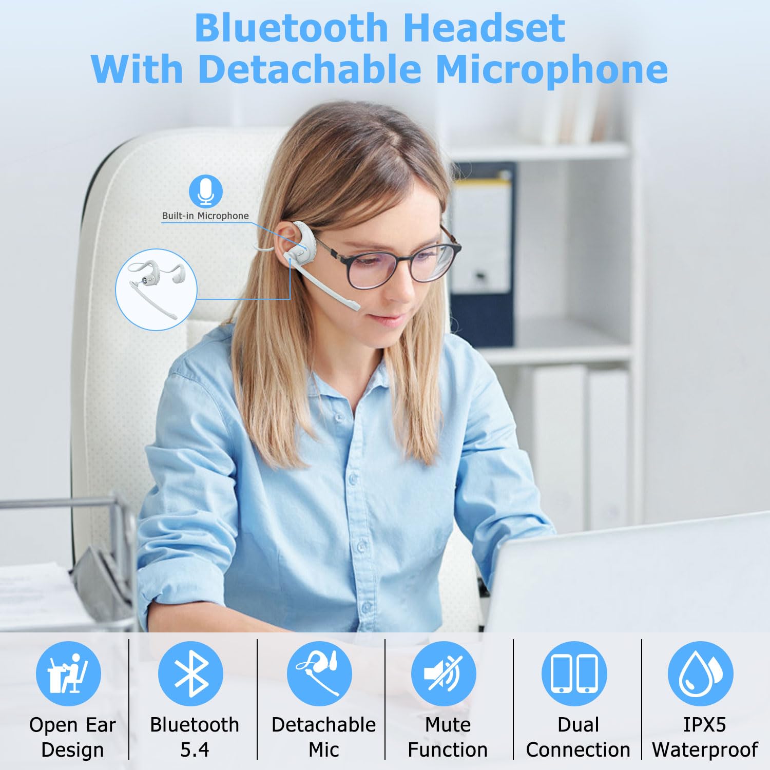 Friencity Bluetooth Headset with Magnetic Boom Mic - Wireless Headphones with DSP Noise Cancellation for iPhone, Android, PC & Laptop - Open Ear Earbuds for Running, Driving, Home Office & Gaming - 12H Battery Life, Comfortable & Secure Fit
