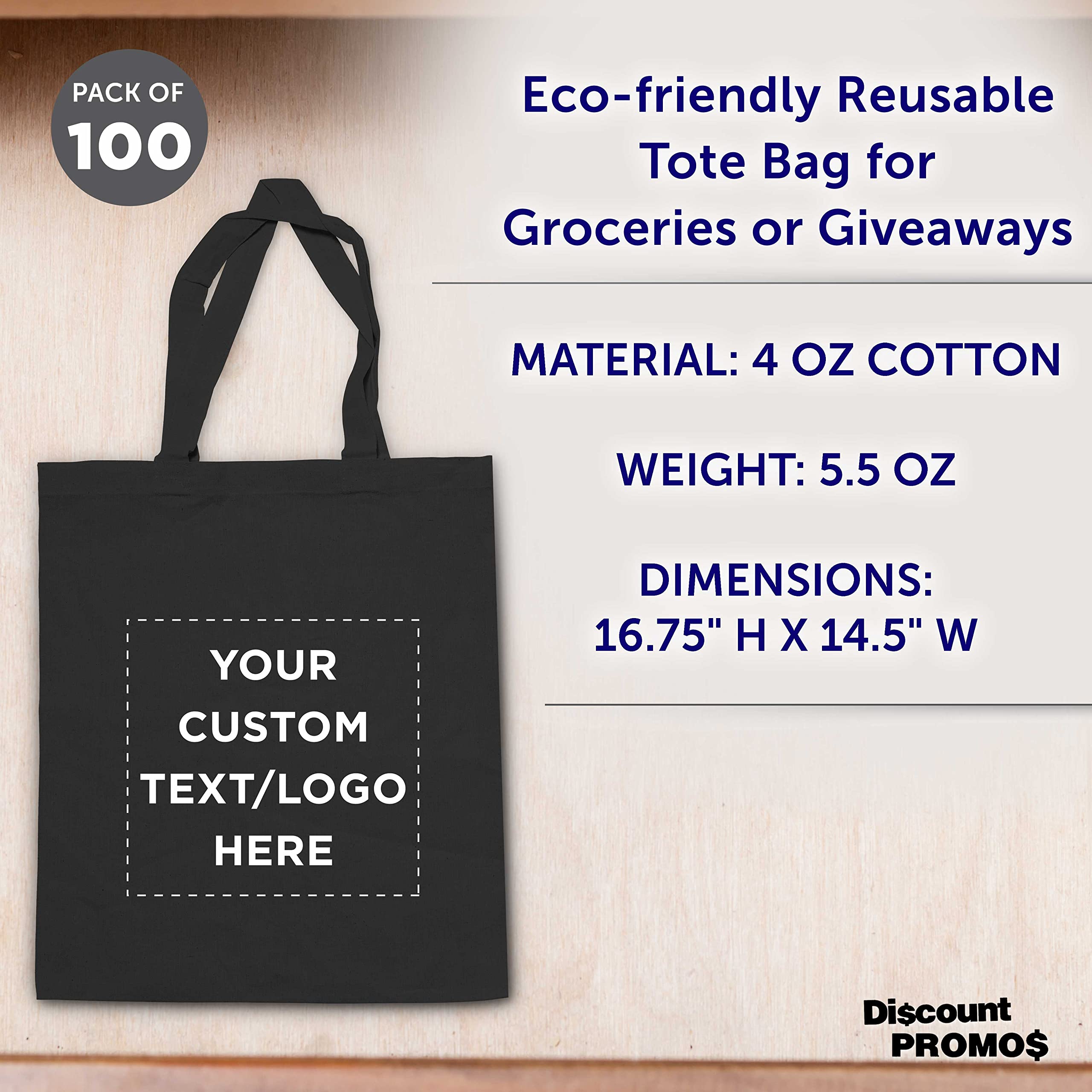 Custom Cotton Canvas Tote Bags Bulk Pack - 100 Reusable Eco-Friendly Shopping Bags for Grocery, Beach, Picnic & Wedding Favors - Personalized Promotional Gift Bags for Business Events & Retail Stores