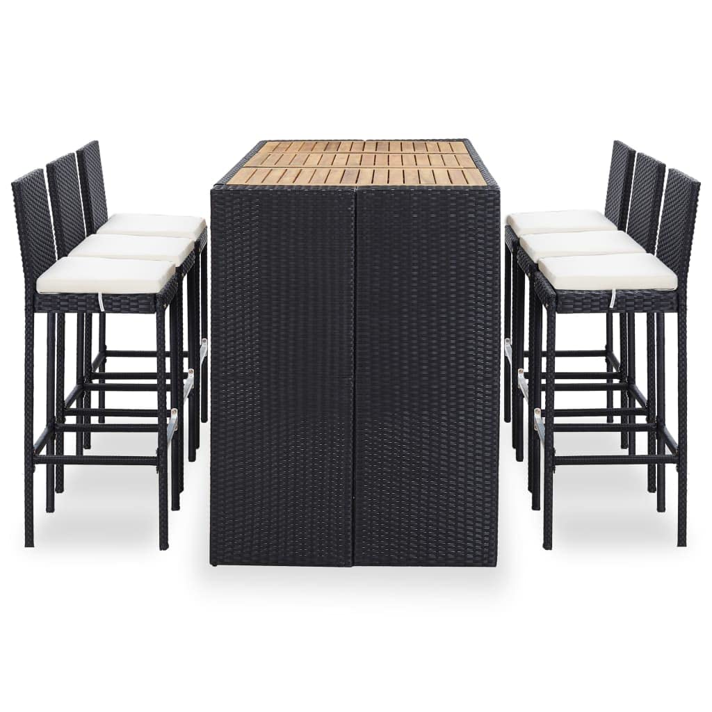 vidaXL 7-Piece Patio Bar Set with Wood Tabletop & Cushions - Black Poly Rattan Outdoor Furniture for Backyard, Poolside, or Garden Entertaining