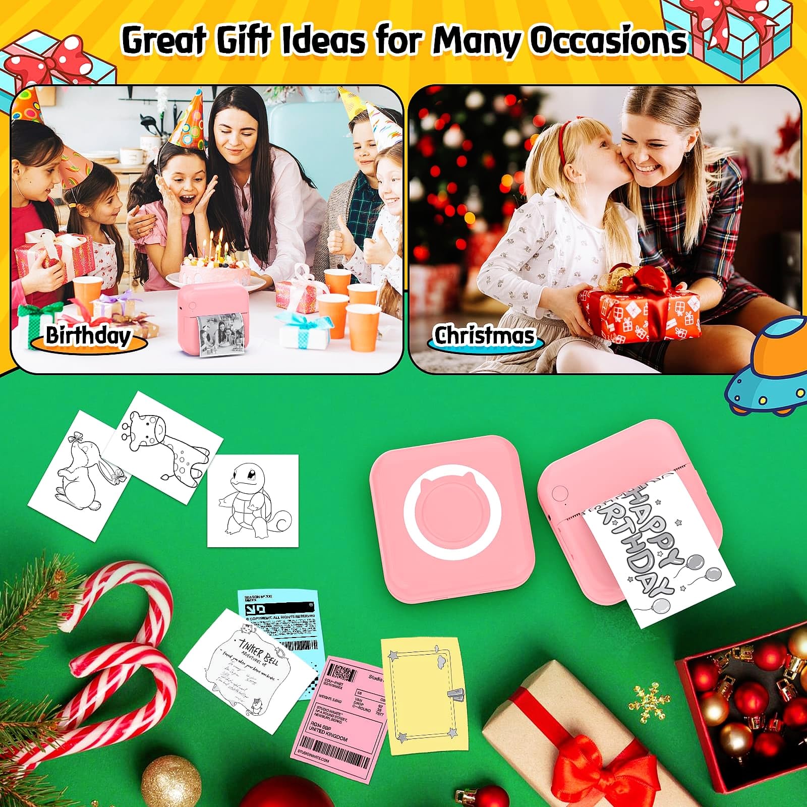 Inkless Sticker Printer for iPhone Android Tablet - Bluetooth Mini Pocket Printer with 8 Rolls Thermal Paper, Portable Printer for School Notes Journal Memo Photos - Perfect for DIY Crafts, Scrapbooking & Home Organization (Pink)