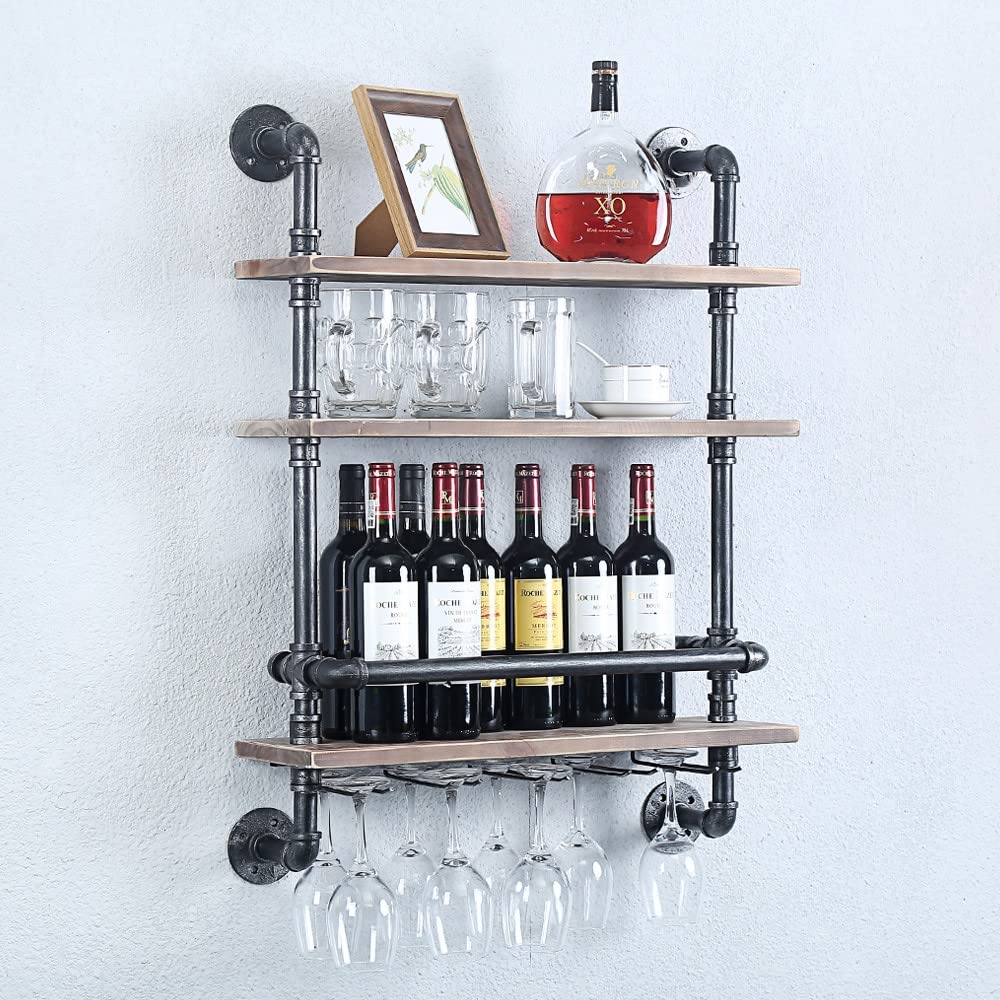 Industrial Pipe Shelf Wine Rack - 24in Wall Mounted Rustic Floating Bar Shelves with 5 Stem Glass Holder, Real Wood Kitchen Wall Shelf Unit, 3-Tier Steam Punk Pipe Shelving for Wine & Glass Storage - Perfect for Kitchen, Dining Room, Bar, and Home Decor