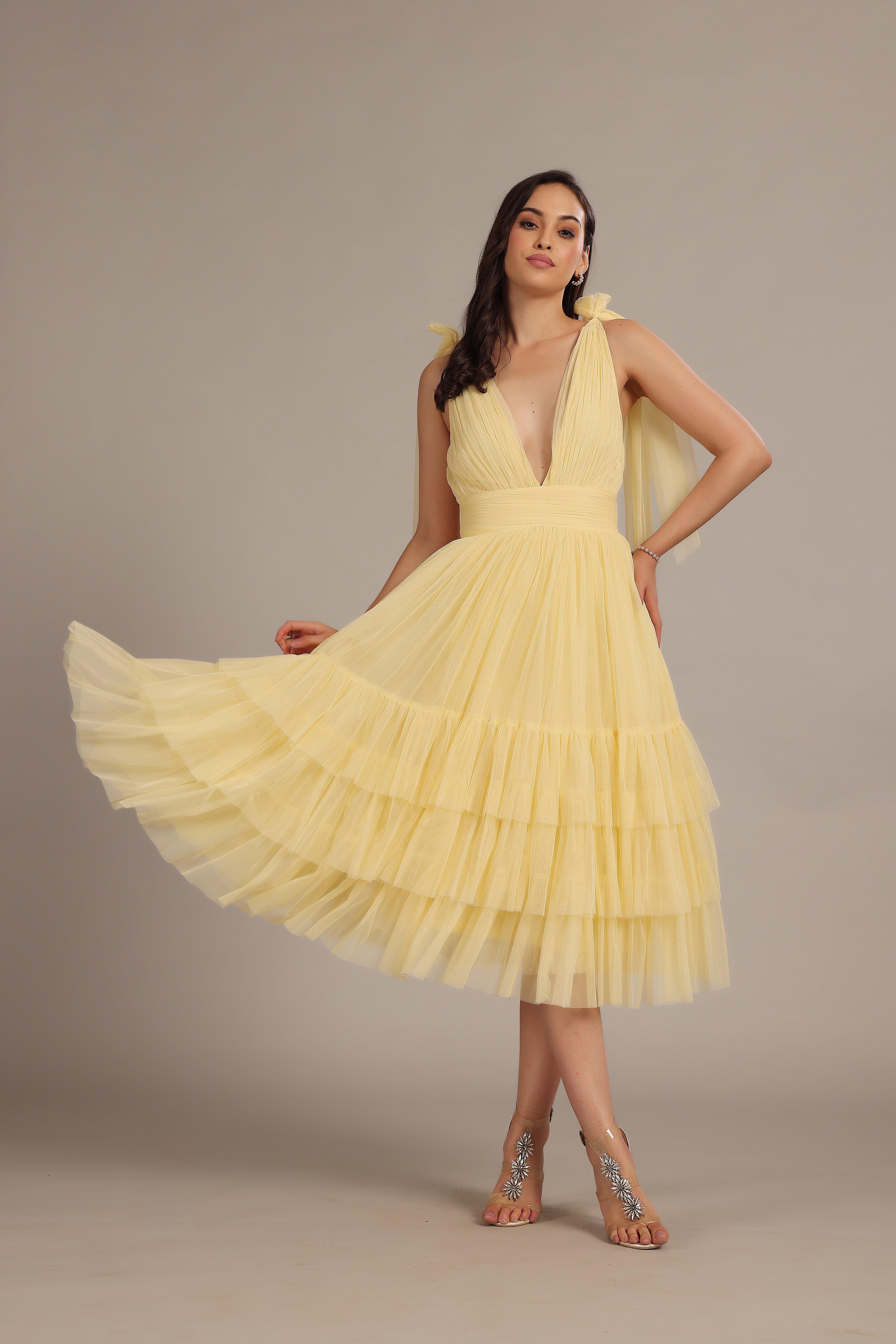Buttercup Yellow Bow Shoulder Madison Midi Dress for Women | Elegant Party & Wedding Guest Outfit | Summer Cocktail & Formal Occasion Wear