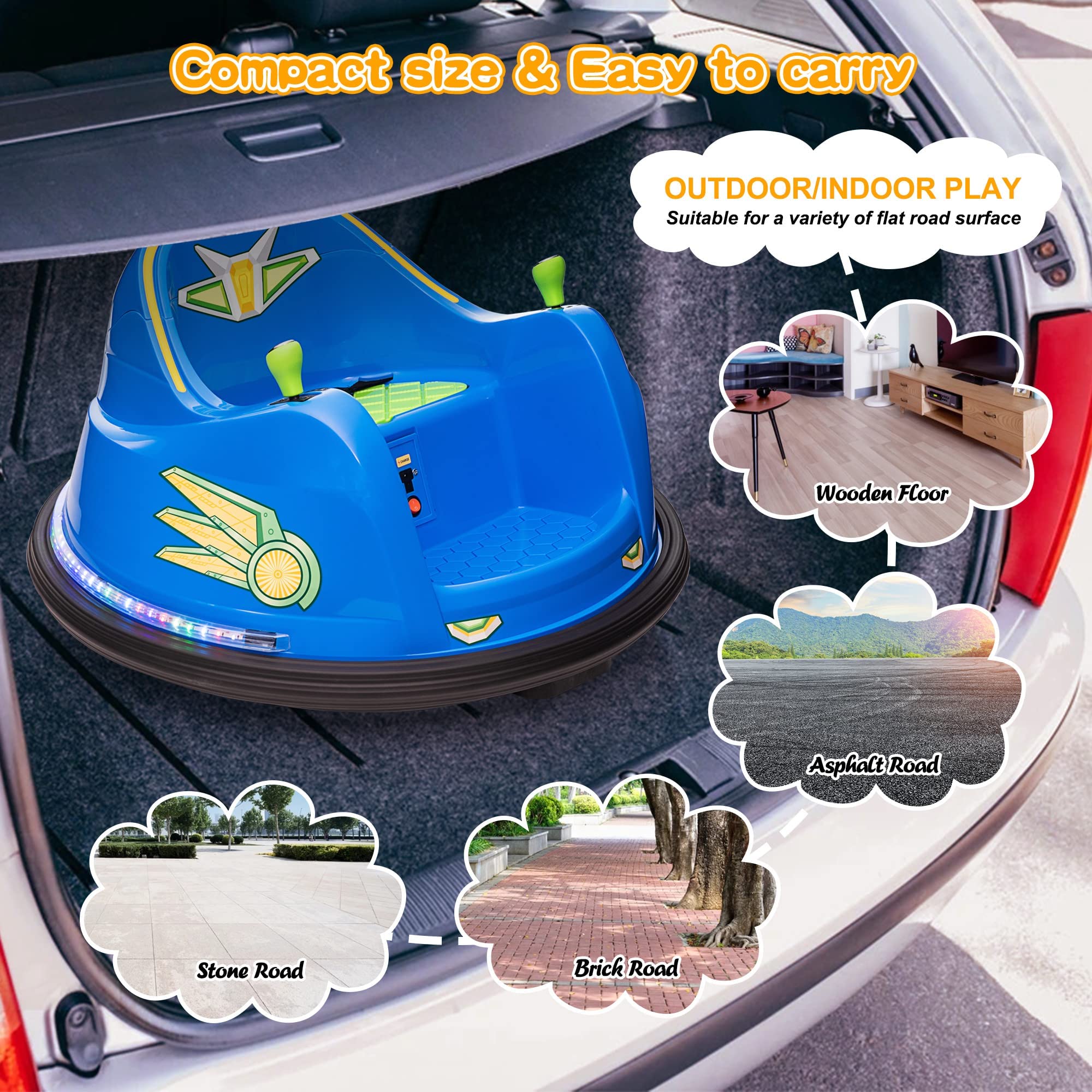 TOBBI 12V Kids Electric Bumper Car with Remote Control, 360° Spin, LED Lights & Music - Twin Motor Ride On Toy for Boys & Girls Ages 3-8 (Light Blue & Green) - Perfect for Indoor & Outdoor Play, Birthday Gifts & Family Fun