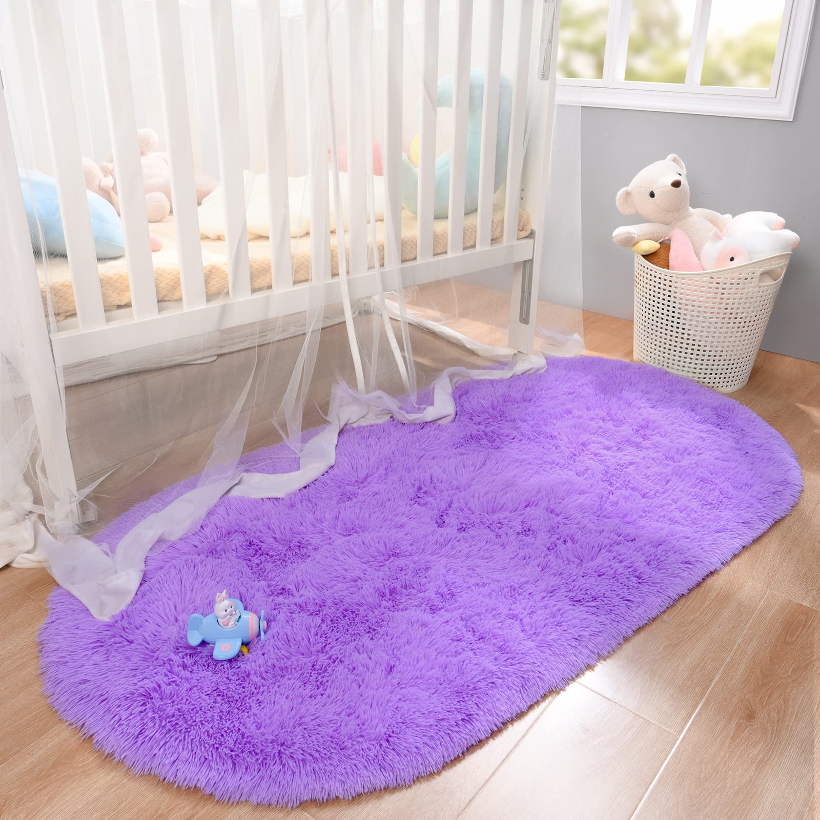 Soft Shaggy Fluffy Rug 2.6'x5.3' Oval Plush Carpet for Kids Bedroom, Nursery, Living Room - Non-Slip Fuzzy Comfy Floor Mat for Baby Play Area & Teen Girls Room Decor (Purple) - Perfect for Playtime, Relaxation and Cozy Home Decor