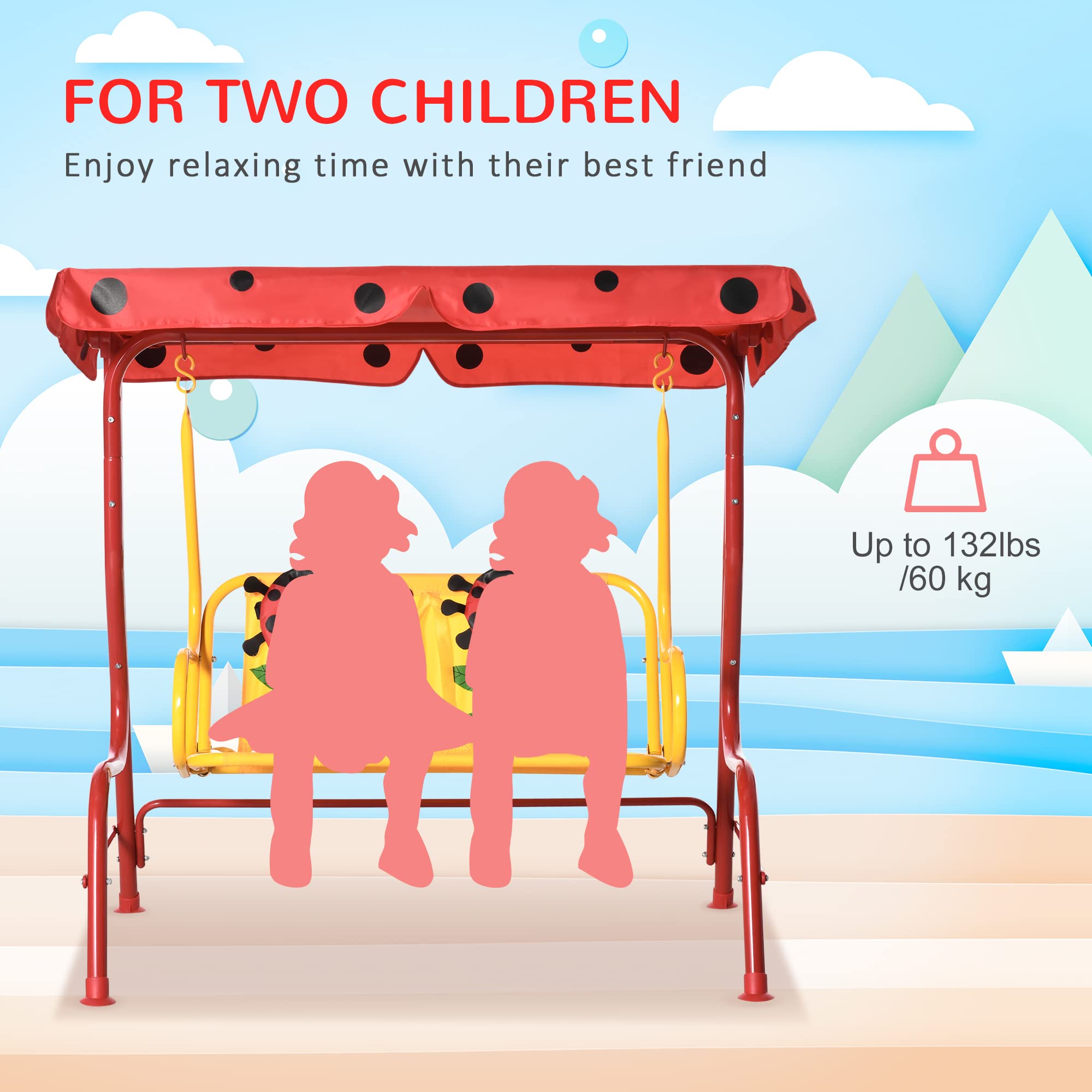 Outsunny Kids Porch Swing with Adjustable Sun Canopy & Safety Seatbelts - Ladybug-Themed Outdoor Swing Chair for Ages 3-6 (Red) | Perfect for Backyard, Patio & Garden Playtime