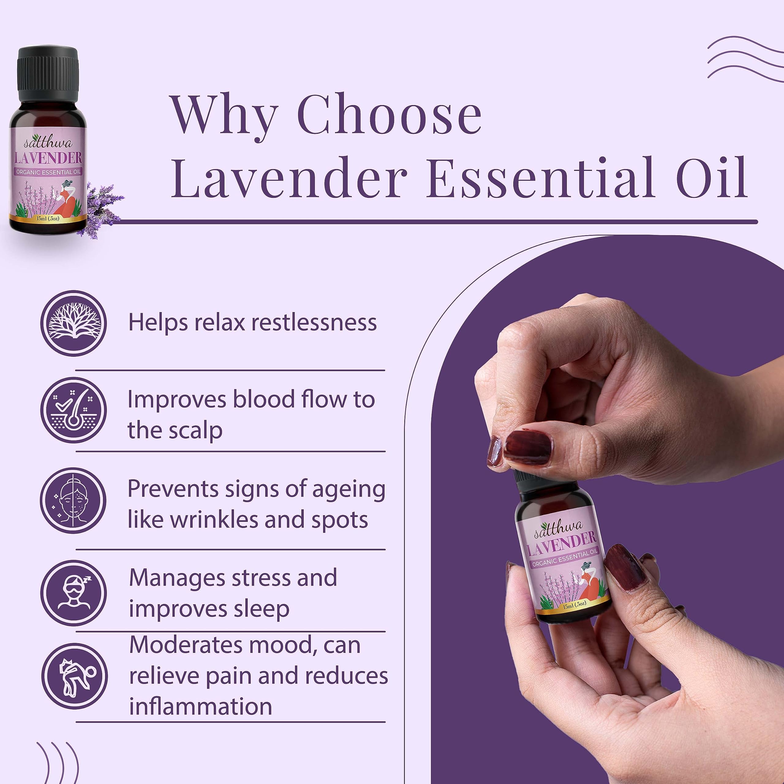 **Satthwa Organic Lavender Essential Oil - 100% Pure Therapeutic Grade - 15ml Bottle - Calming Floral Aromatherapy for Relaxation, Sleep, Skin Care & Stress Relief - Perfect for Diffusers, Massage & DIY Beauty**
