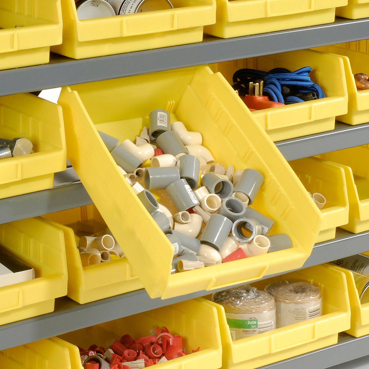 7-Shelf Steel Storage Rack with 24 Plastic Bins - Heavy Duty Industrial Shelving Unit, 36x12x39 Inches, Yellow - Perfect for Warehouse, Garage & Retail Organization
