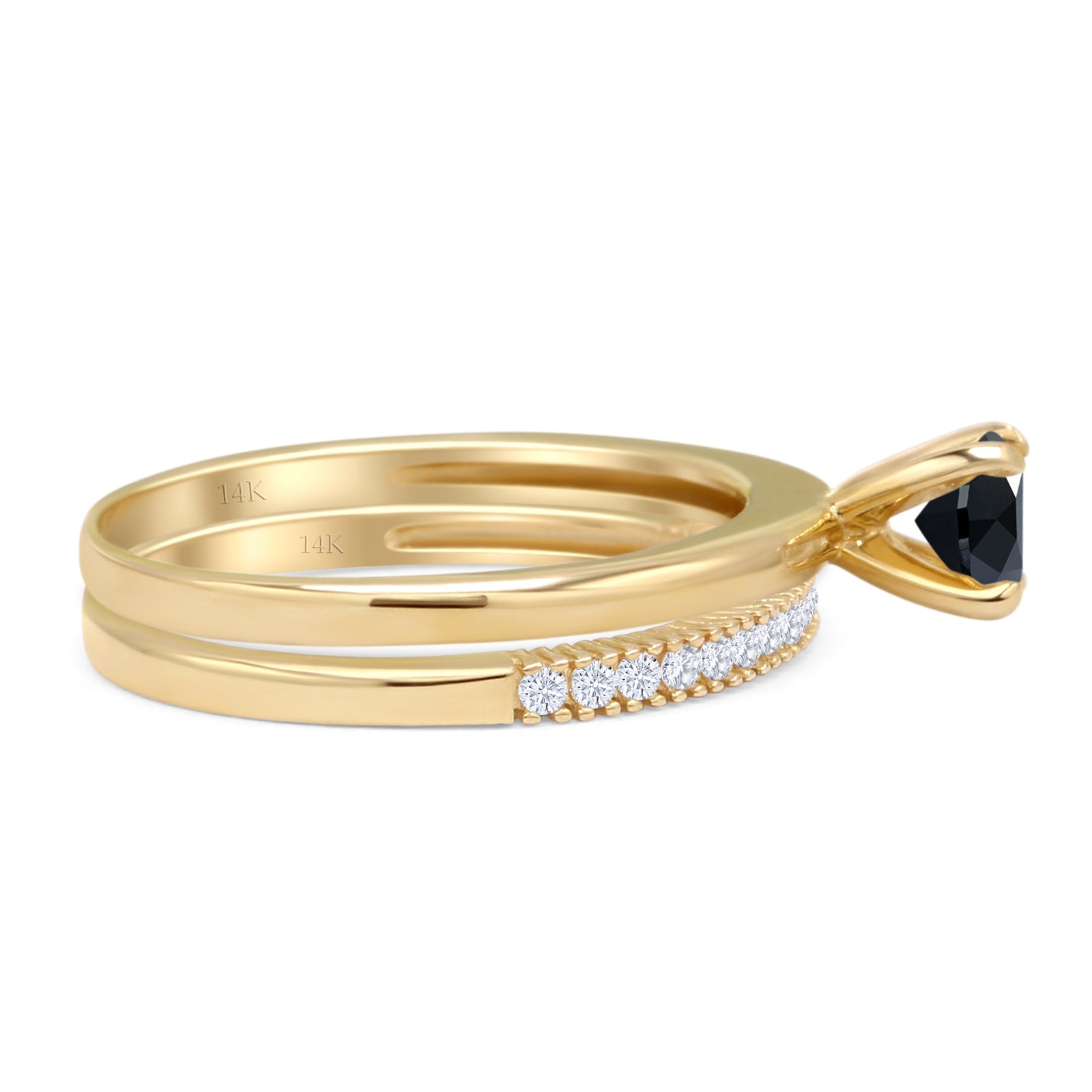 14K Yellow Gold Two Piece Round Solitaire Half Eternity Band Black CZ Bridal Ring Set - Elegant Wedding, Engagement & Anniversary Jewelry Gift for Her