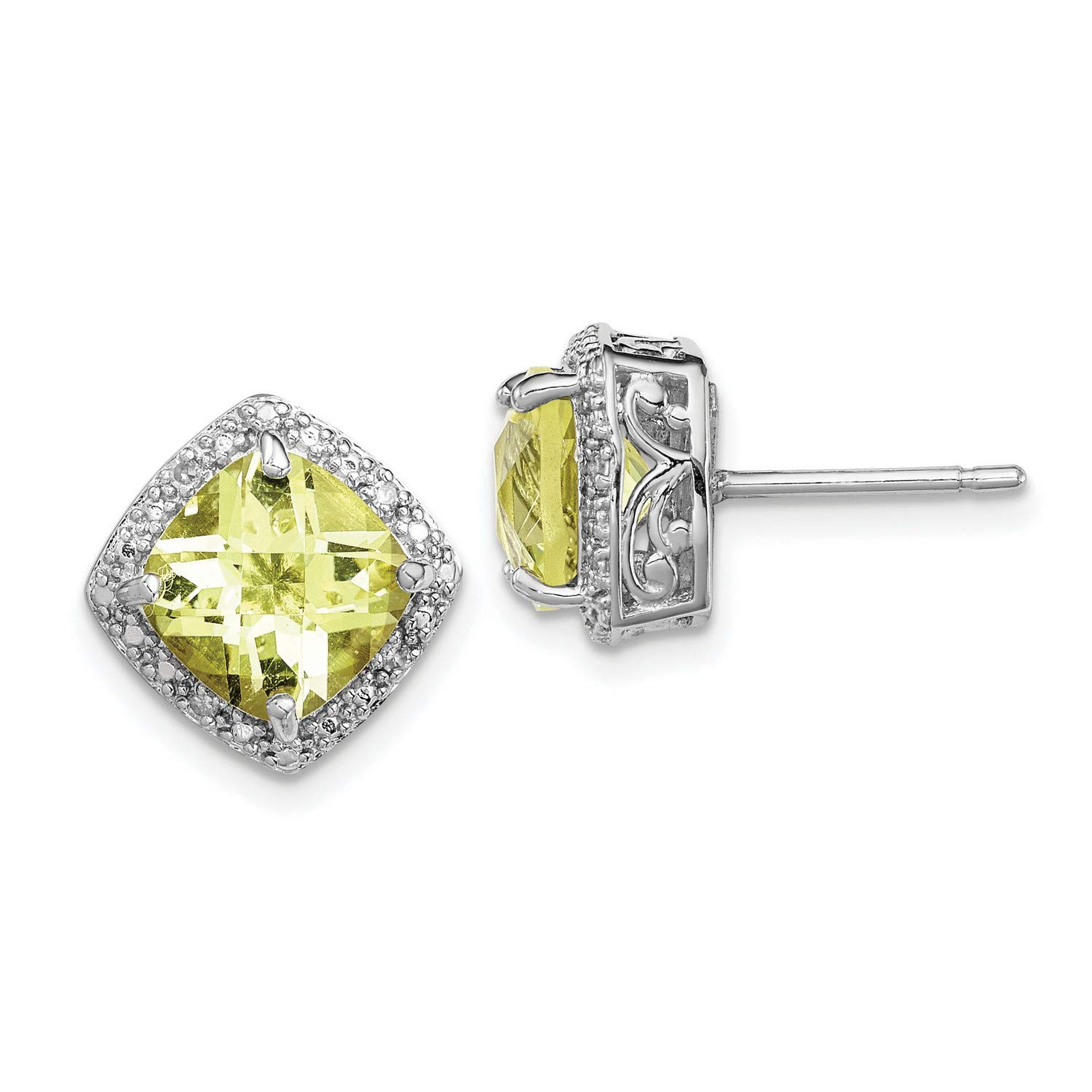 14K Sterling Silver Lemon Quartz & Diamond Stud Earrings 13x13mm - Elegant Gift for Women, Perfect for Weddings & Parties