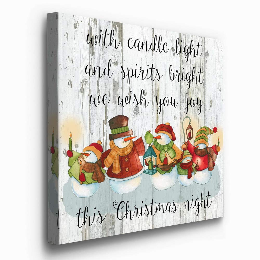 Renditions Gallery Candle Light Snowmen Wall Art - Cute Christmas & Winter Canvas Painting with Festive Faux Wood Background - Premium Gallery Wrapped Ready-to-Hang Decor (40x40 Inches) - Made in USA - Perfect for Living Room, Bedroom & Holiday Home Decor