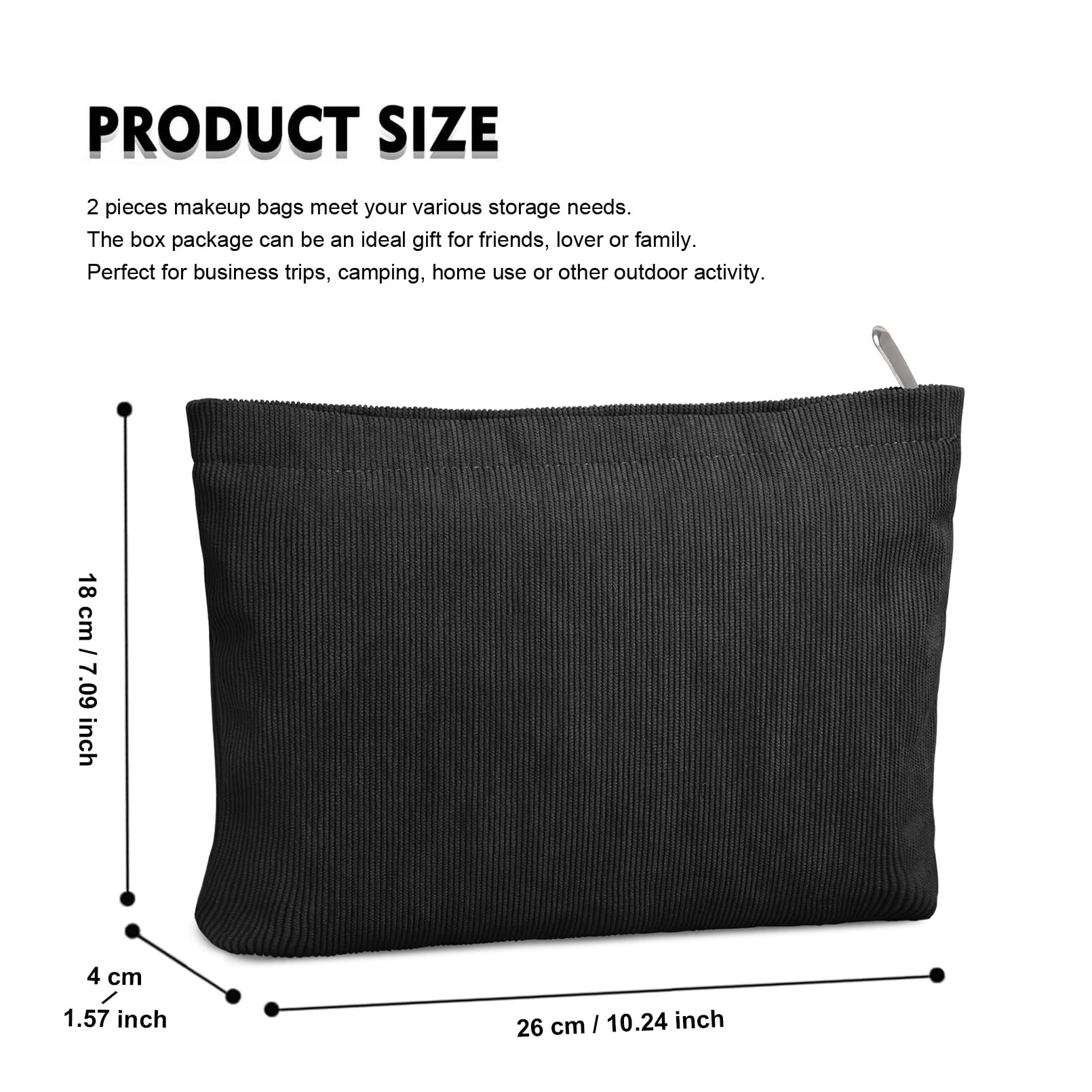 FITDON 2-Piece Corduroy Makeup Bag Set for Women - Small Zippered Cosmetic Pouch & Travel Toiletry Organizer (Black) - Perfect for Purse, Gym, Travel & Daily Essentials Storage