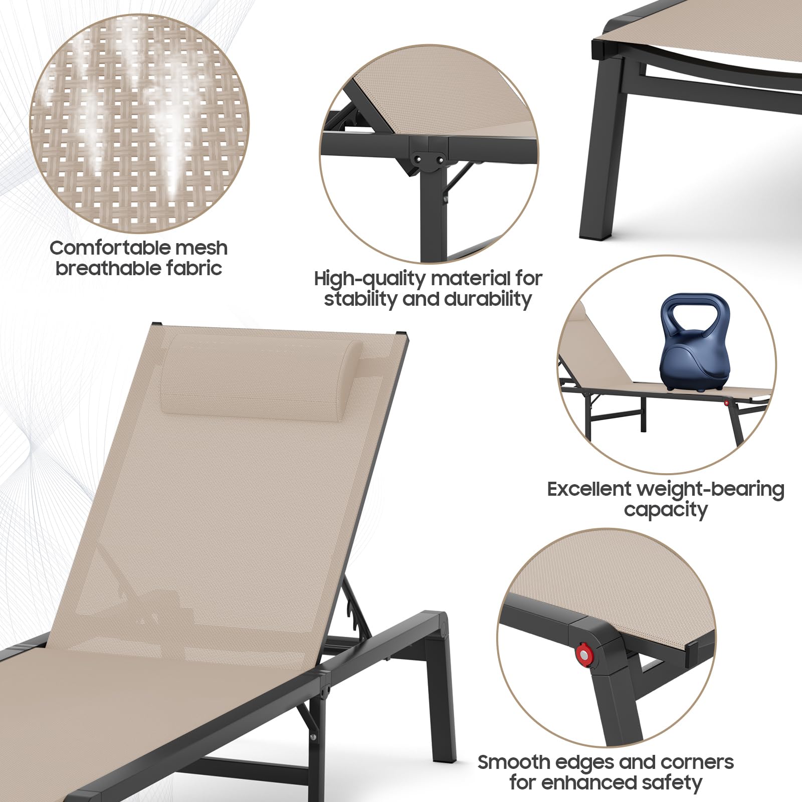 WOAJN 2-Pack Aluminum Patio Chaise Lounge Chairs - 5-Position Adjustable Backrest, Foldable Outdoor Poolside Chairs for Lawn, Deck, Beach & Backyard Relaxation (Khaki) - Perfect for Sunbathing, Lounging by the Pool, or Beachside Comfort