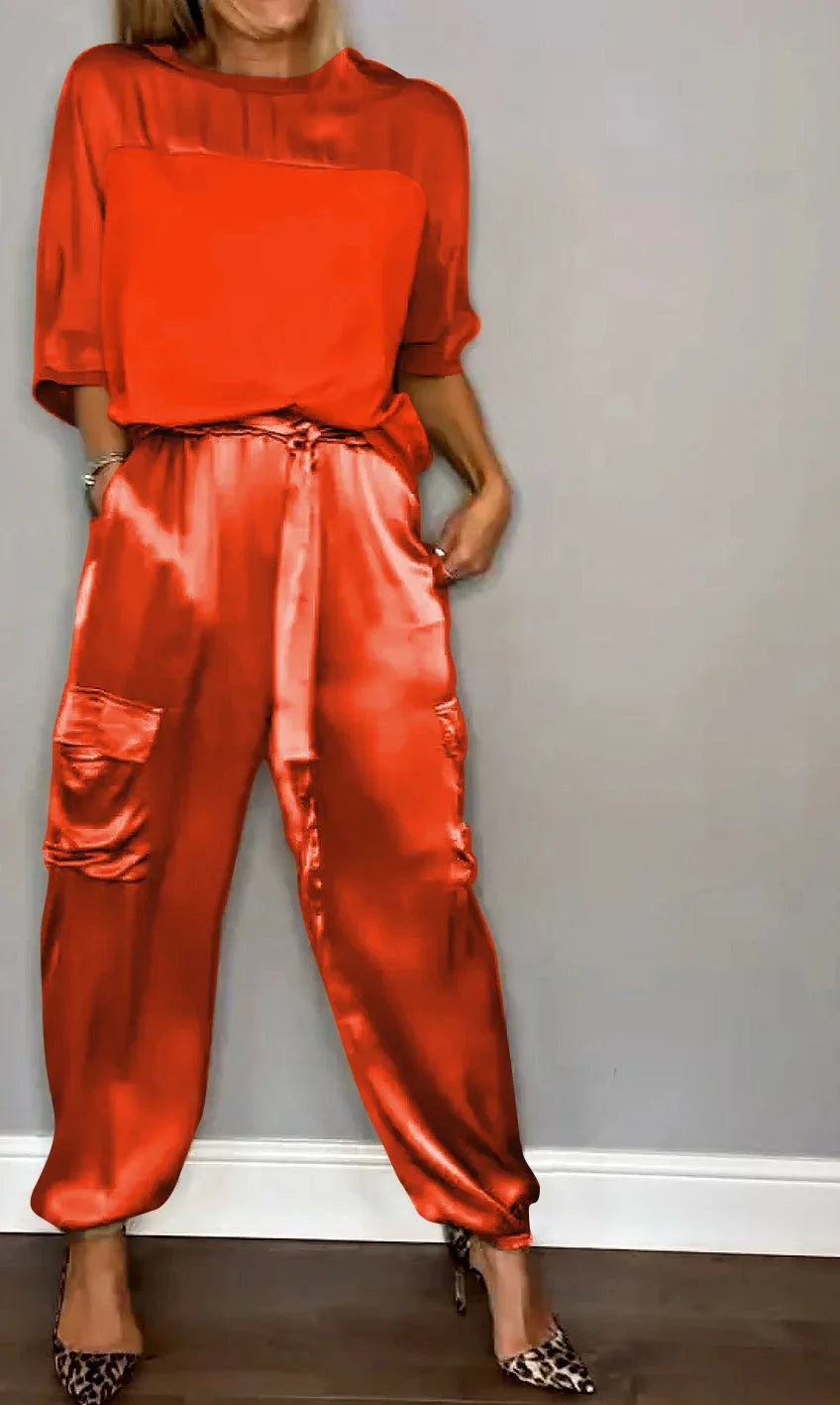 Women's Solid Color Satin Two Piece Set - Round Neck Top & Loose Long Pants Outfit for Spring Summer | Casual Lounge Wear, Street Style Fashion, Office to Weekend Outfits