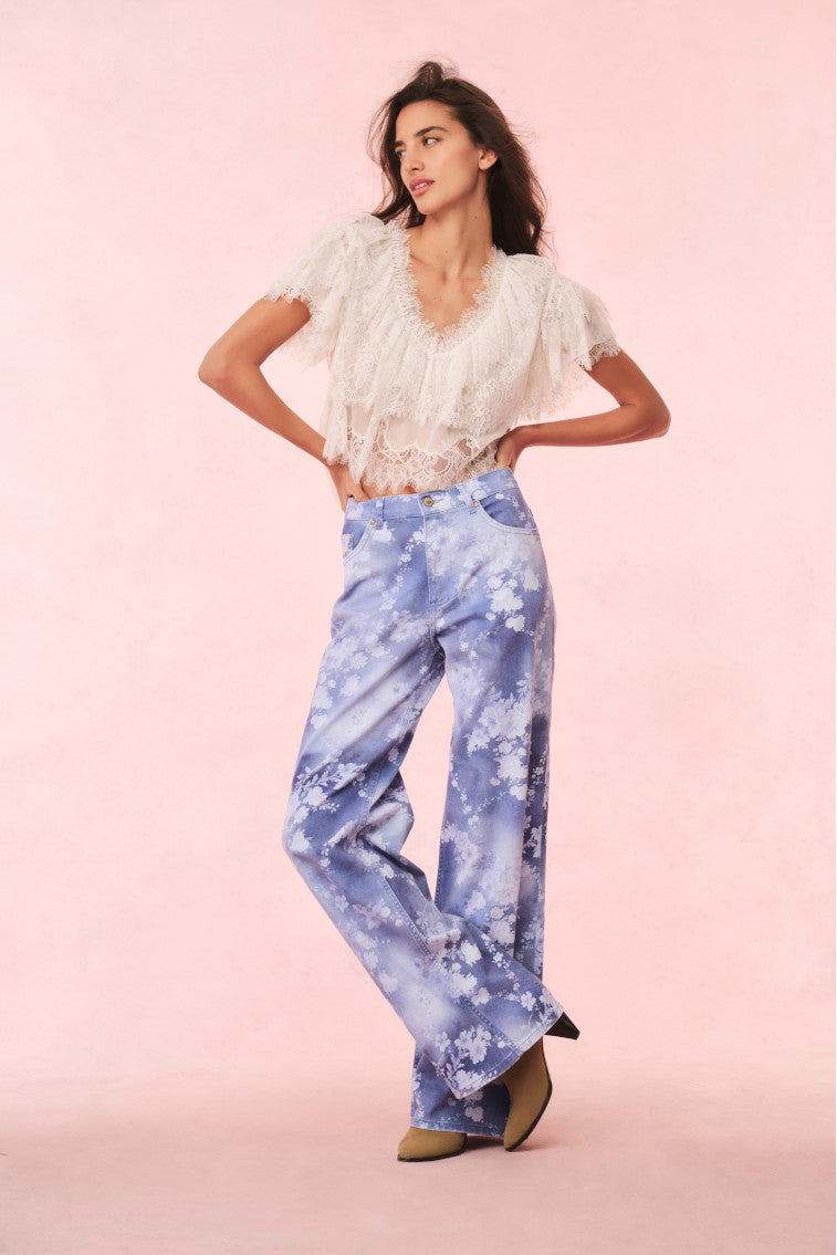Dessa Floral Wide Leg Jeans for Women - High Waisted Stretch Denim Pants - Boho Chic Casual Outfit for Spring Summer