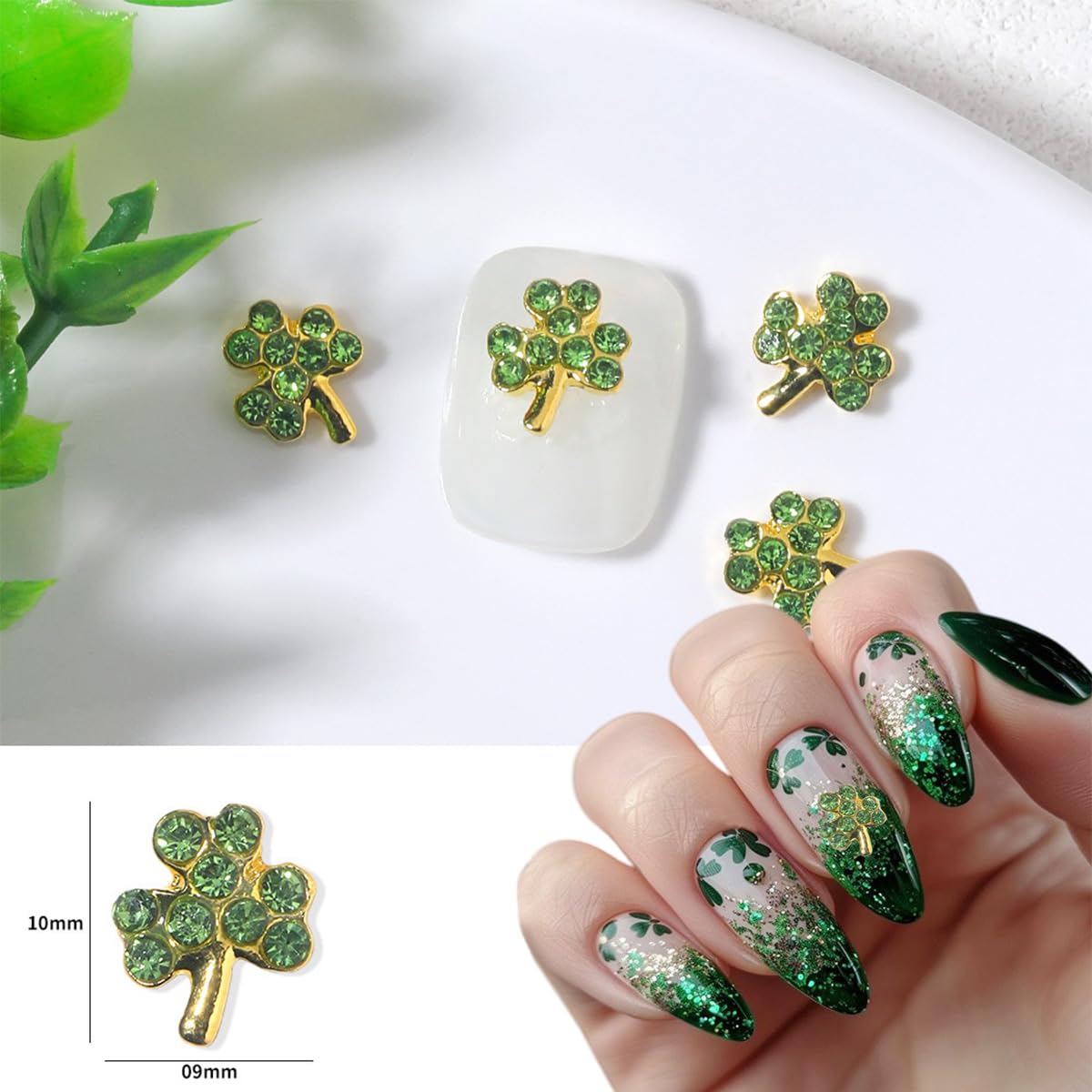 20Pcs St. Patrick's Day 3D Alloy Nail Charms - Green Shamrock Rhinestones, Gold Silver Glitter Nail Art Decorations for Women | Irish Nail Gems for Acrylic Manicure, Salon & DIY Nail Art | Perfect for St. Patrick's Parties, Nail Art Competitions & Festive Celebrations