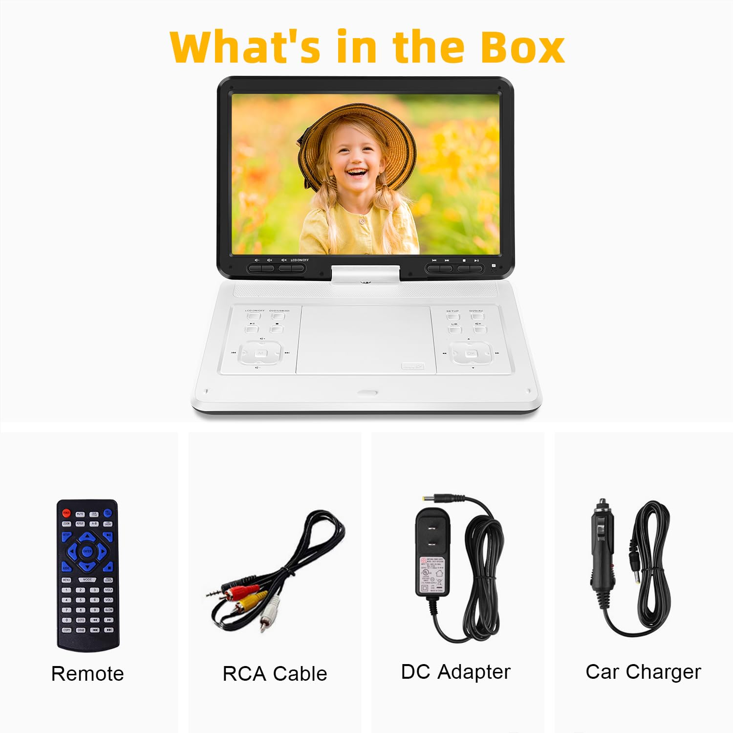 16.9'' Portable DVD Player with 6-Hour Battery, 14.1'' HD Swivel Screen, New Button Design, High Volume Speakers, Sync TV/Region Free/Multiple Discs, White - Perfect for Travel, Camping, and Family Movie Nights