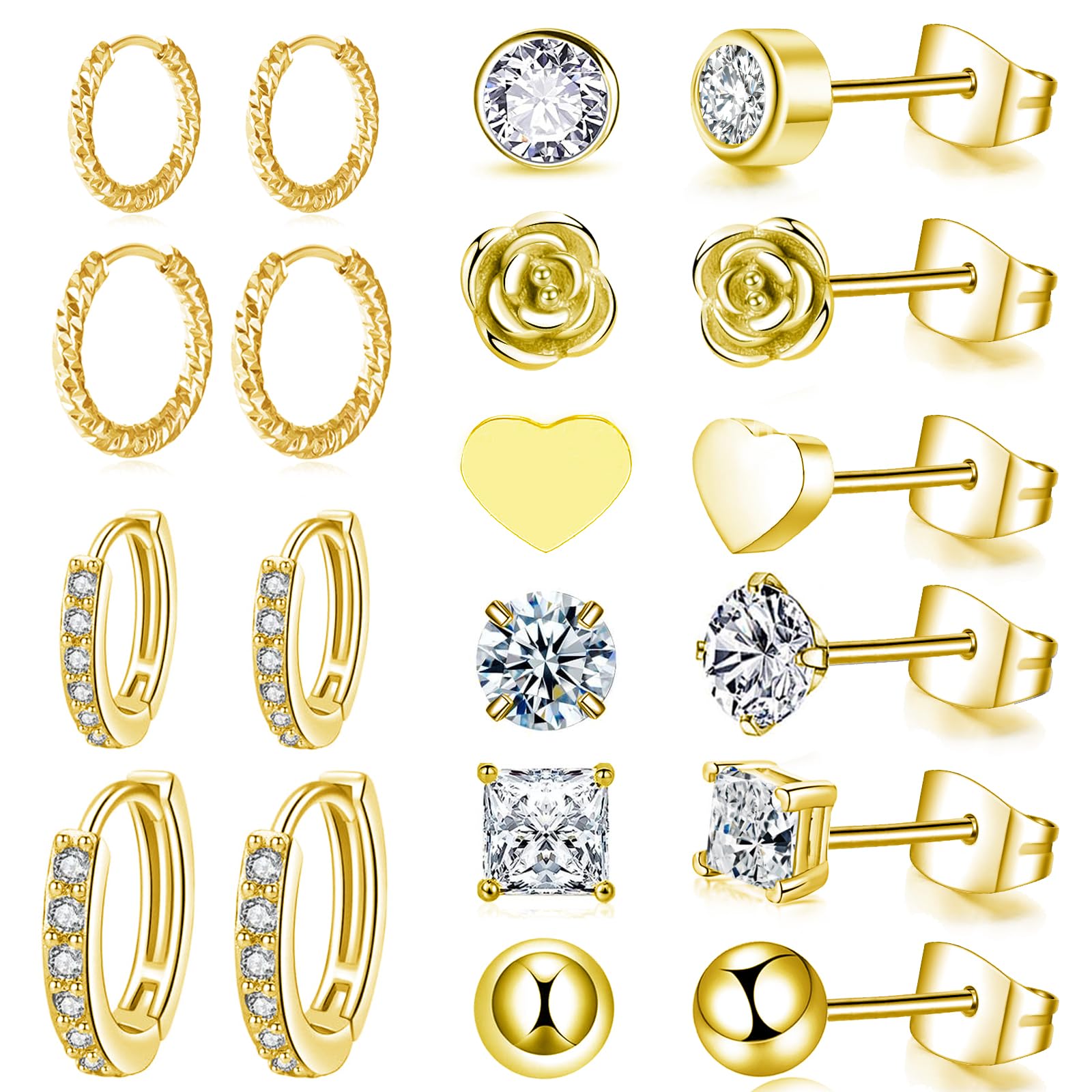 10 Pairs Stainless Steel Stud Earrings for Women & Men - Flower, Heart, Ball & CZ Designs - 20G 10mm & 12mm Hoop Earrings - Cartilage & Lobe Piercing Jewelry - Perfect for Daily Wear, Gifts & Special Occasions