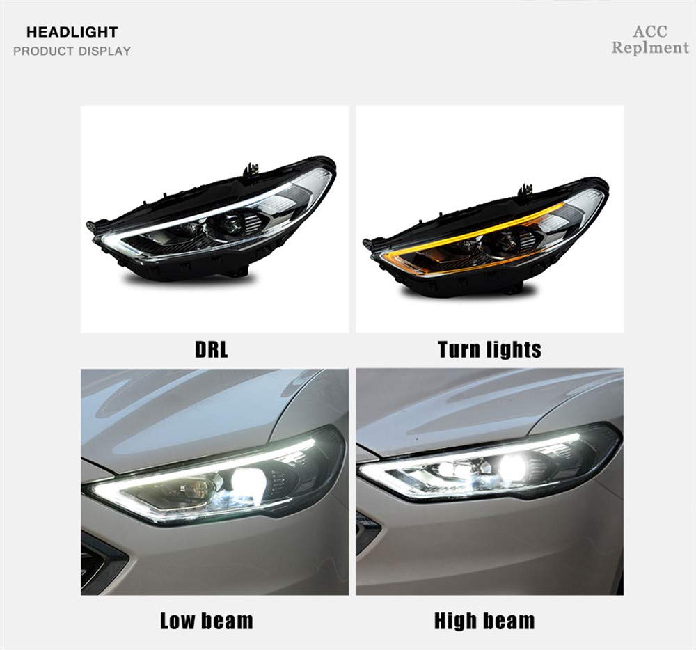 2PCS LED Headlight Assemblies for Ford Fusion 2017-2019 - High Power Projector Lens LED Kit with Dynamic Turn Signal & DRL - Perfect for Night Driving & Enhanced Visibility