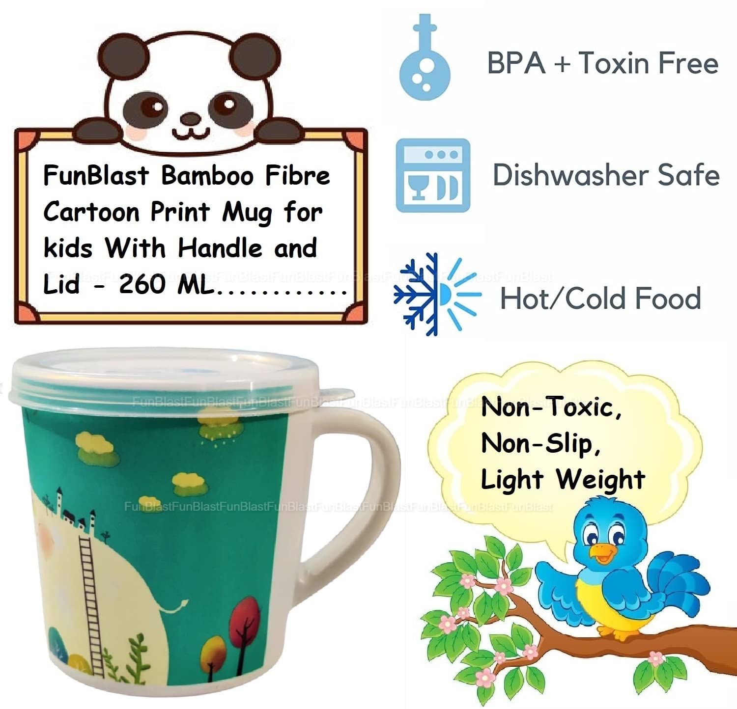 FunBlast Kids Milk Mug – BPA-Free Cartoon Elephant Design with Lid & Handle, 260ml Bamboo Fiber Cup for Toddlers & Children – Perfect for School, Travel, and Home Use