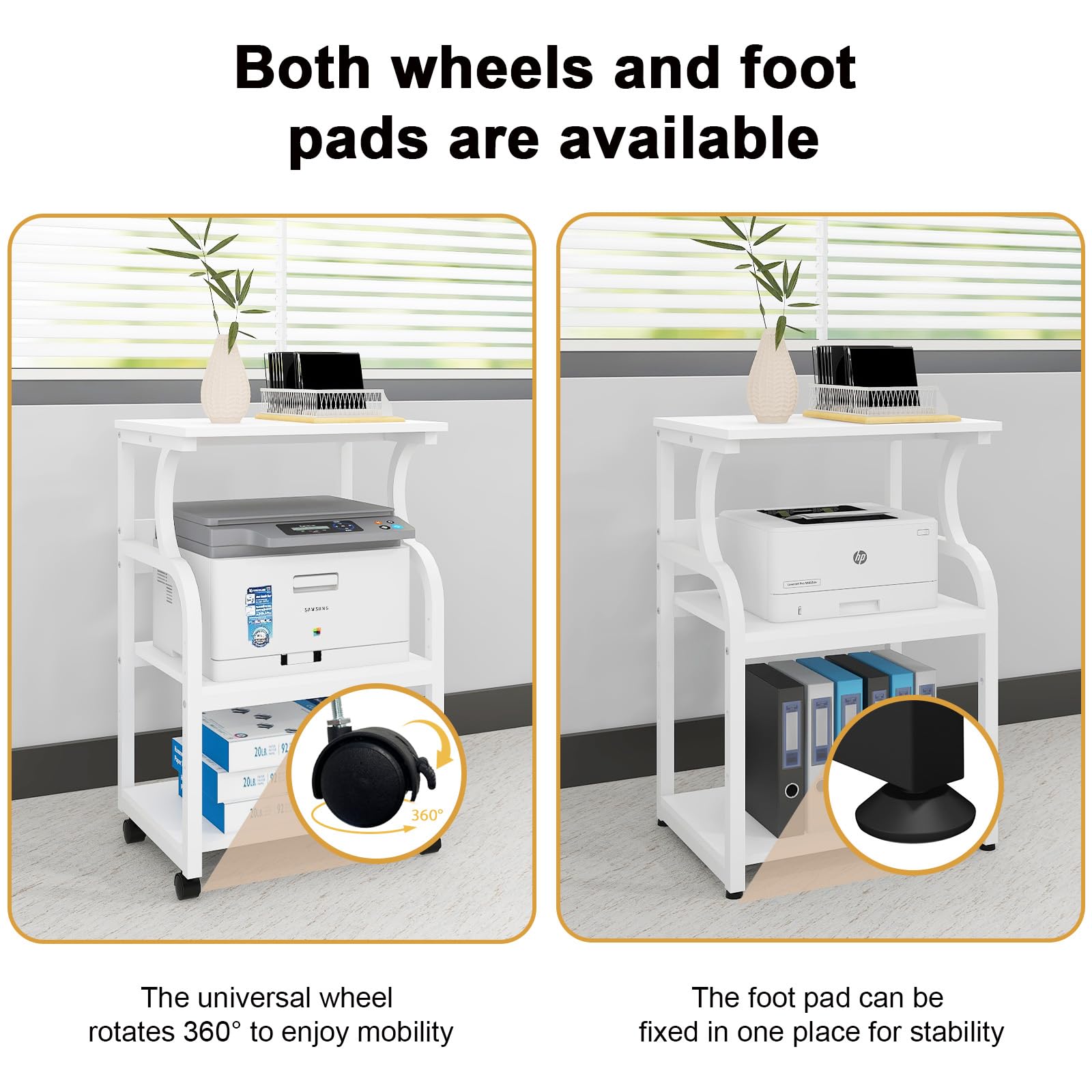 Natwind 3-Tier Adjustable Rolling Printer Stand with Storage Shelf - Mobile Printer Cart with Wheels for Home Office, Heat Press & 3D Printer Organization - Perfect for Small Spaces & Craft Rooms (White)