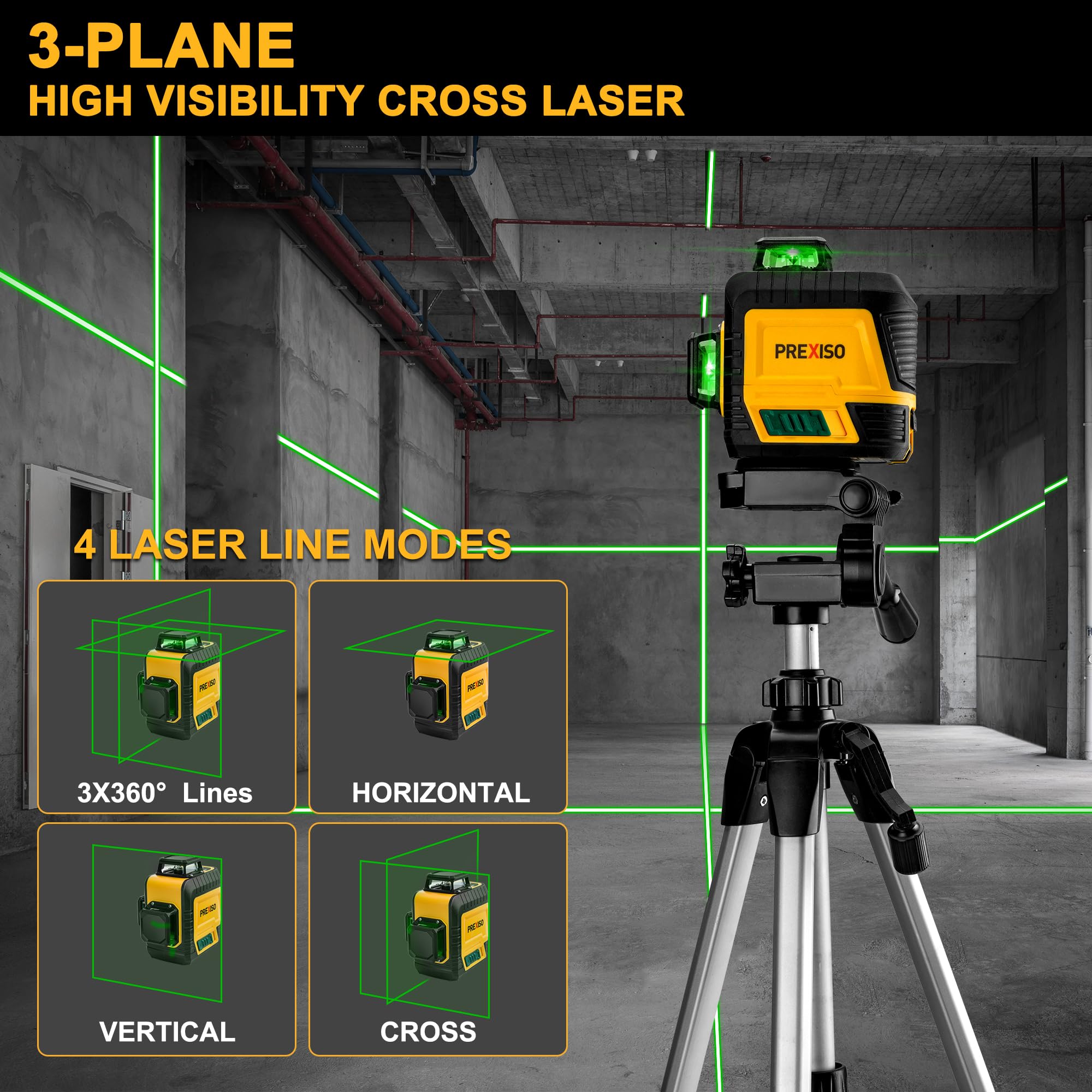 PREXISO 3 X 360° Green Beam Laser Level with Tripod - Self-Leveling Rechargeable Cross Line Laser Leveler (82Ft Range) for Construction, Tile Work, Home Renovation - Includes Magnetic Base, Iron Plate & Carrying Bag - Perfect for Wall Alignment, Floor Tiling & DIY Projects