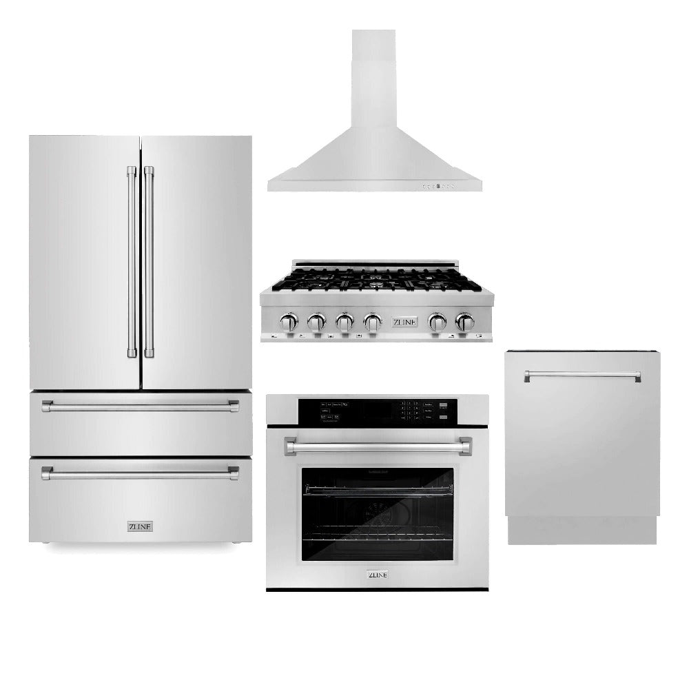 ZLINE 30-inch Stainless Steel Kitchen Package - Refrigerator, Gas Rangetop, Range Hood, Wall Oven & Dishwasher (5KPR RTRH30 AWSDWV) - Perfect for Modern Home Chefs & Kitchen Remodels