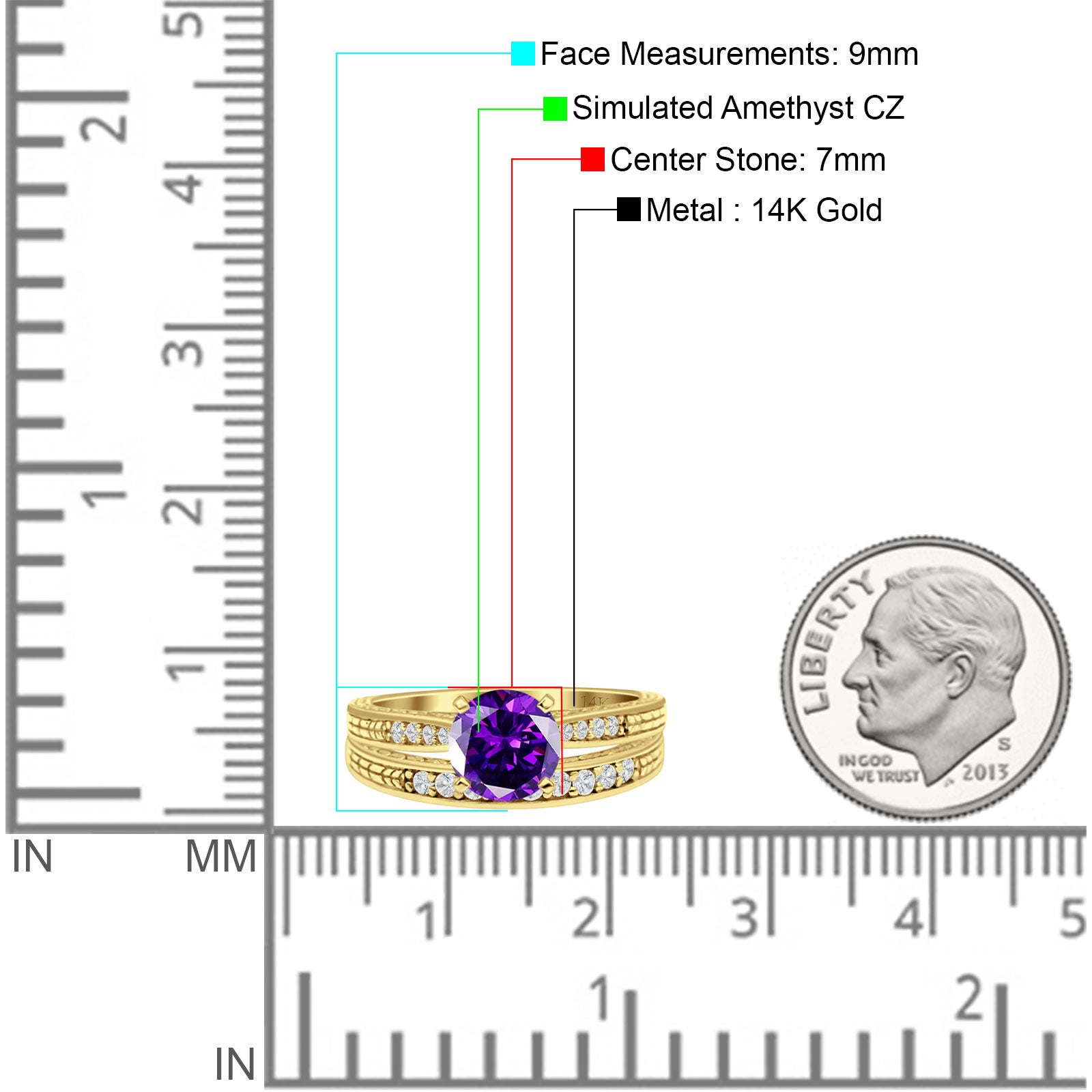 14K Yellow Gold Round Two-Piece Amethyst Cubic Zirconia Bridal Ring Set - Elegant Wedding Band for Engagement, Anniversary & Special Occasions