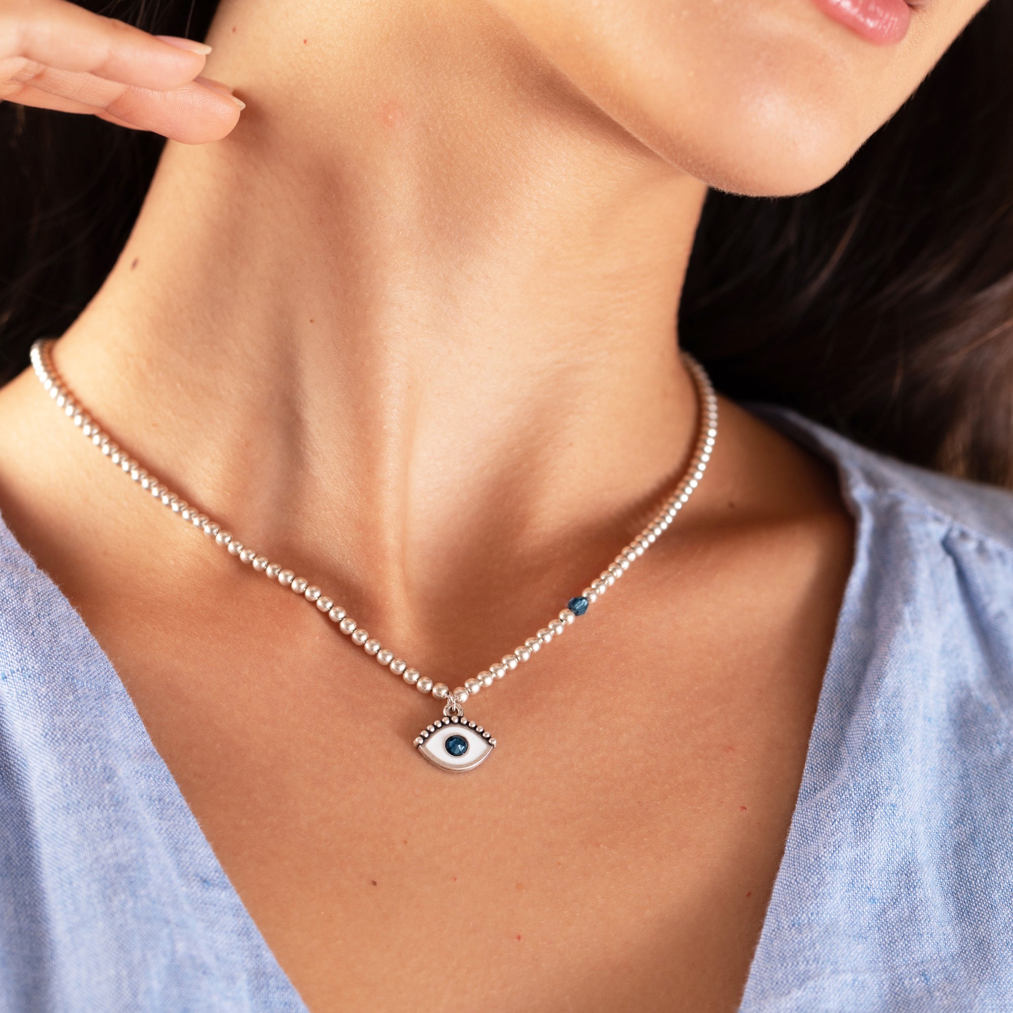 Evil Eye Crystal Charm Beaded Necklace for Women - Protection Jewelry with Blue Glass Beads & Silver Plated Chain - Perfect for Gift, Meditation, and Spiritual Healing