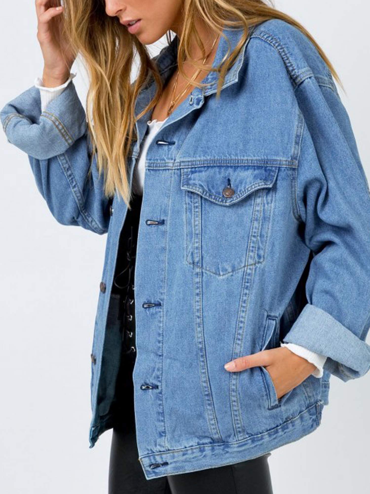Justalwart Women's Oversized Denim Jacket - Long Sleeve Classic Loose Fit Jean Trucker Jacket for Casual Outfits & Streetwear Fashion