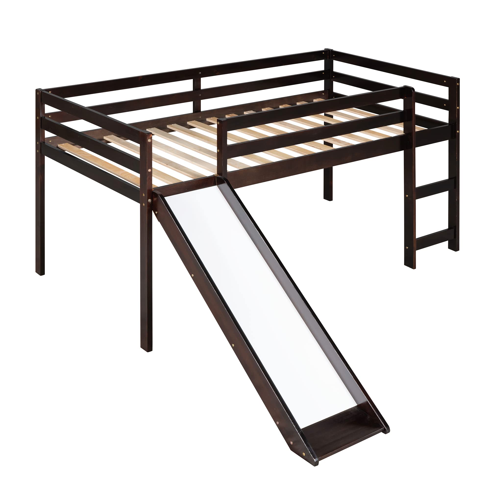 Harper & Bright Designs Twin Size Kids Low Loft Bed with Slide - Wooden Loft Bed Frame in Espresso - Perfect for Small Bedrooms & Playrooms