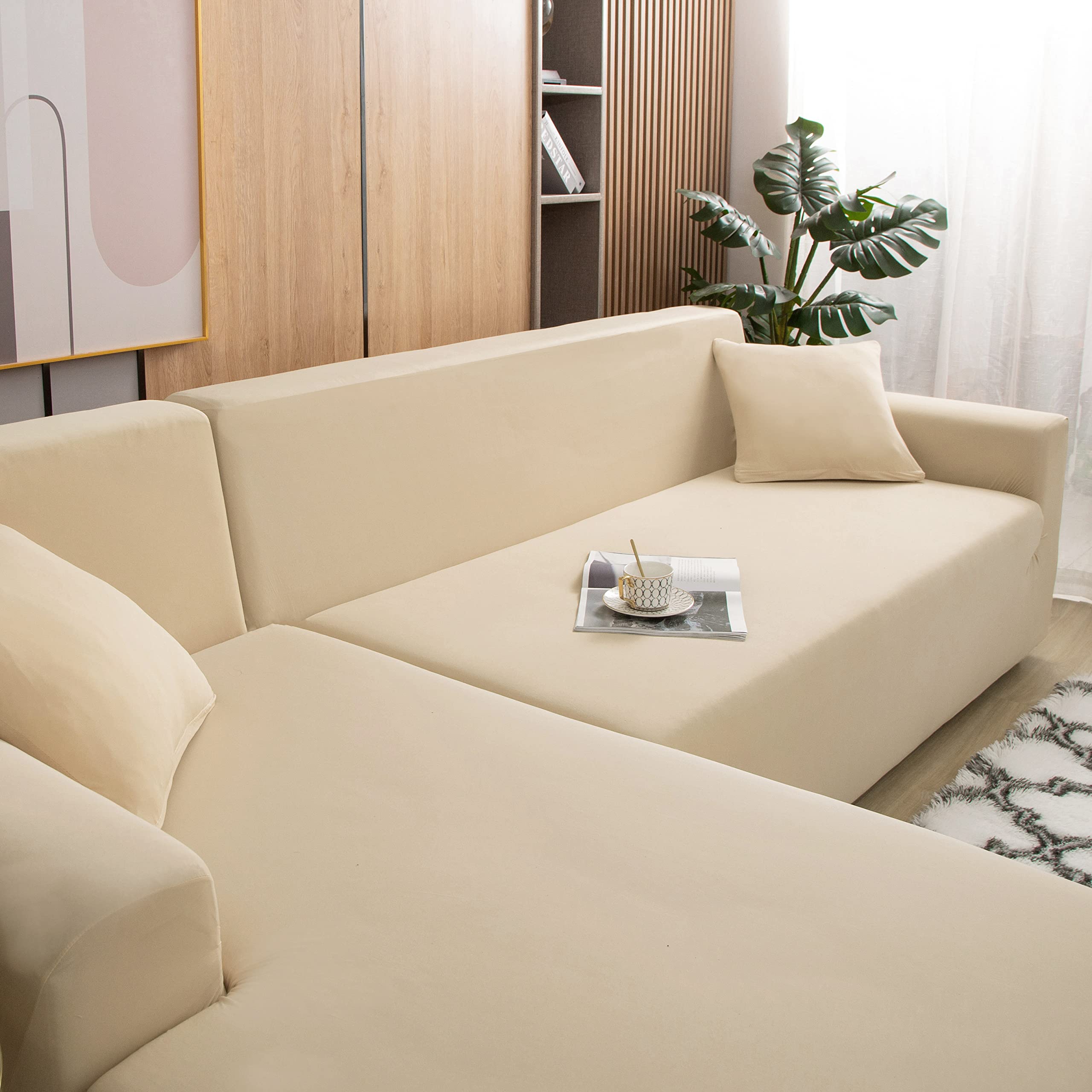 Stretchable 3-Seat L-Shaped Sectional Sofa Cover - Soft Washable Couch Slipcover, Furniture Protector (Beige) for Living Room, Family Room & Home Theater