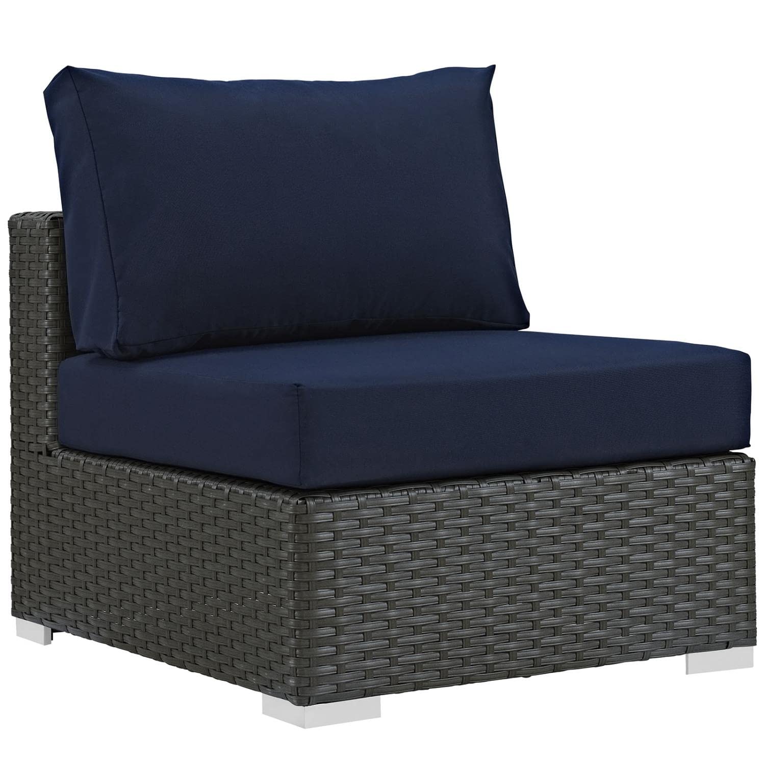Modway Sojourn 5-Piece Outdoor Wicker Rattan Patio Sectional Set with Sunbrella Navy Canvas Cushions - Perfect for Backyard, Poolside & Garden Relaxation