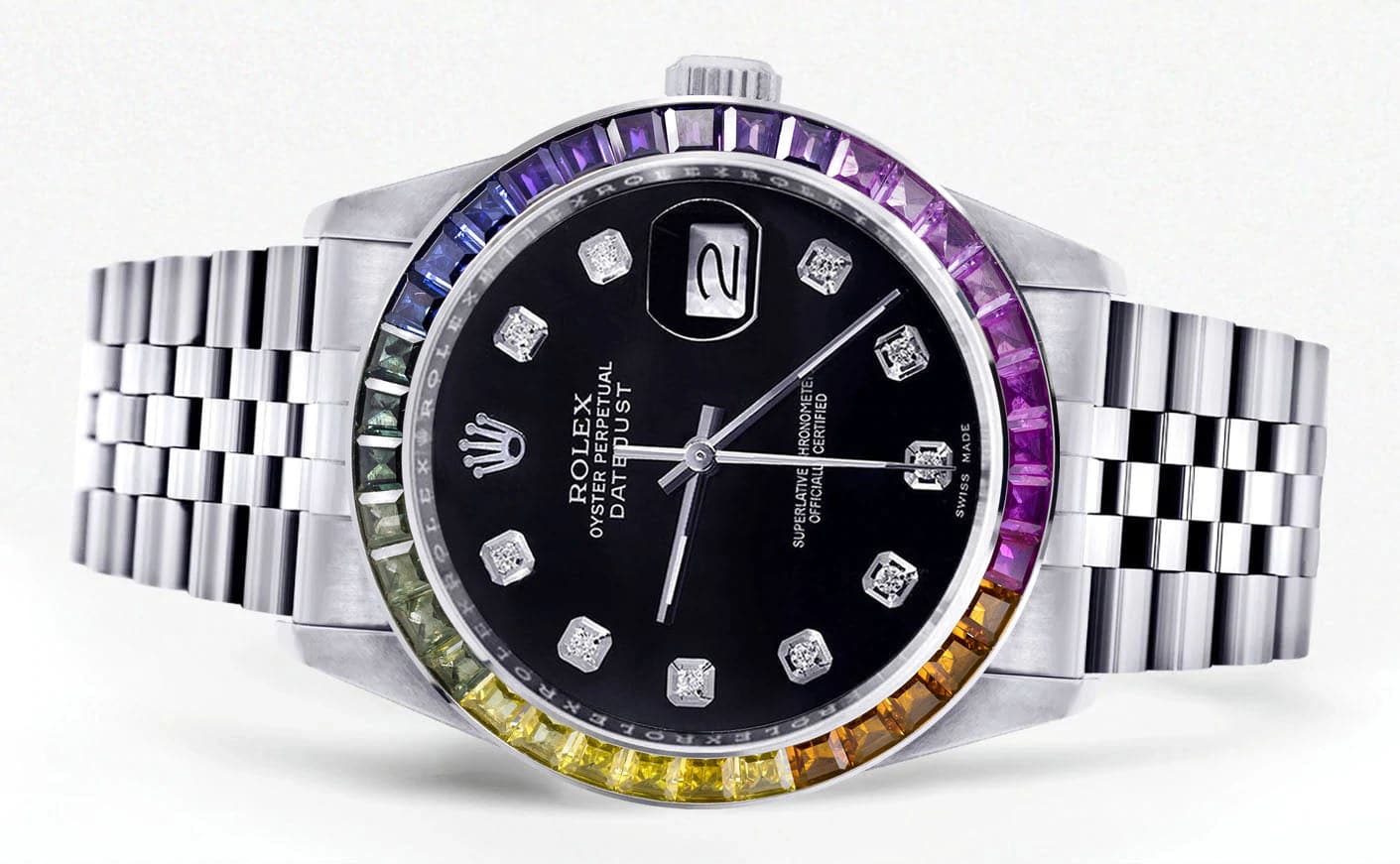 Luxury Diamond Gold Rolex Watch For Men 16200 | 36mm Stainless Steel | Rainbow Sapphire Bezel | Black Dial | Jubilee Bracelet | Perfect for Business, Gifts & Special Occasions