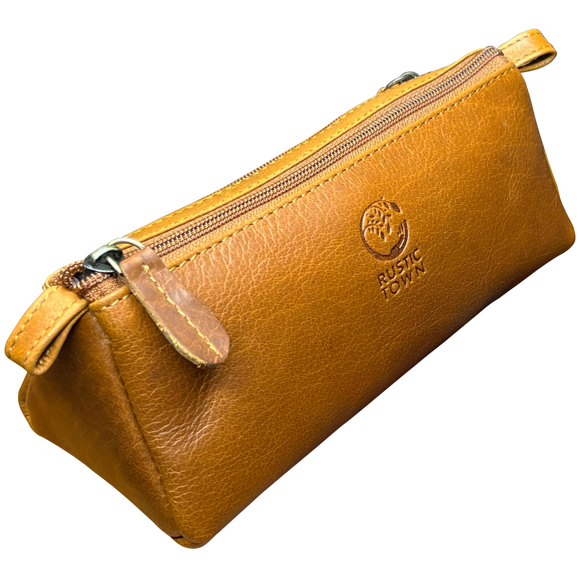 Premium Genuine Leather Pencil Case with Zipper - Cognac Brown Pen Pouch Organizer for School, Office & Travel Accessories Storage