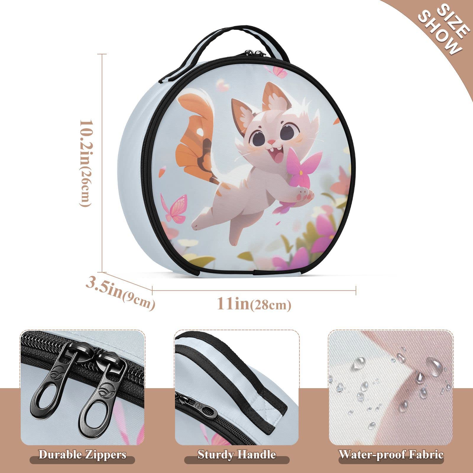 Linqin Travel Makeup Case for Women - Portable Cosmetic Organizer with Adjustable Dividers, Cute Happy Cat Design - Perfect for Jewelry, Brushes & Toiletry Storage | Ideal for Travel, Home & Salon Use