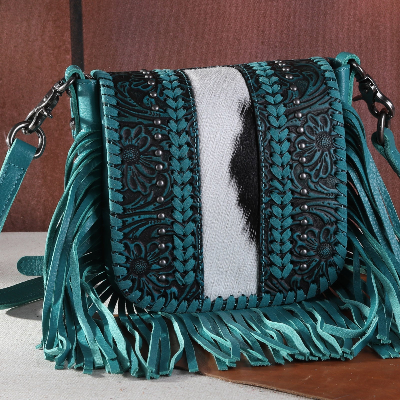 Montana West Genuine Leather Tooled Fringe Crossbody Bag for Women - Western Style Handbag with Adjustable Strap, Perfect for Daily Use, Travel, and Country Music Festivals